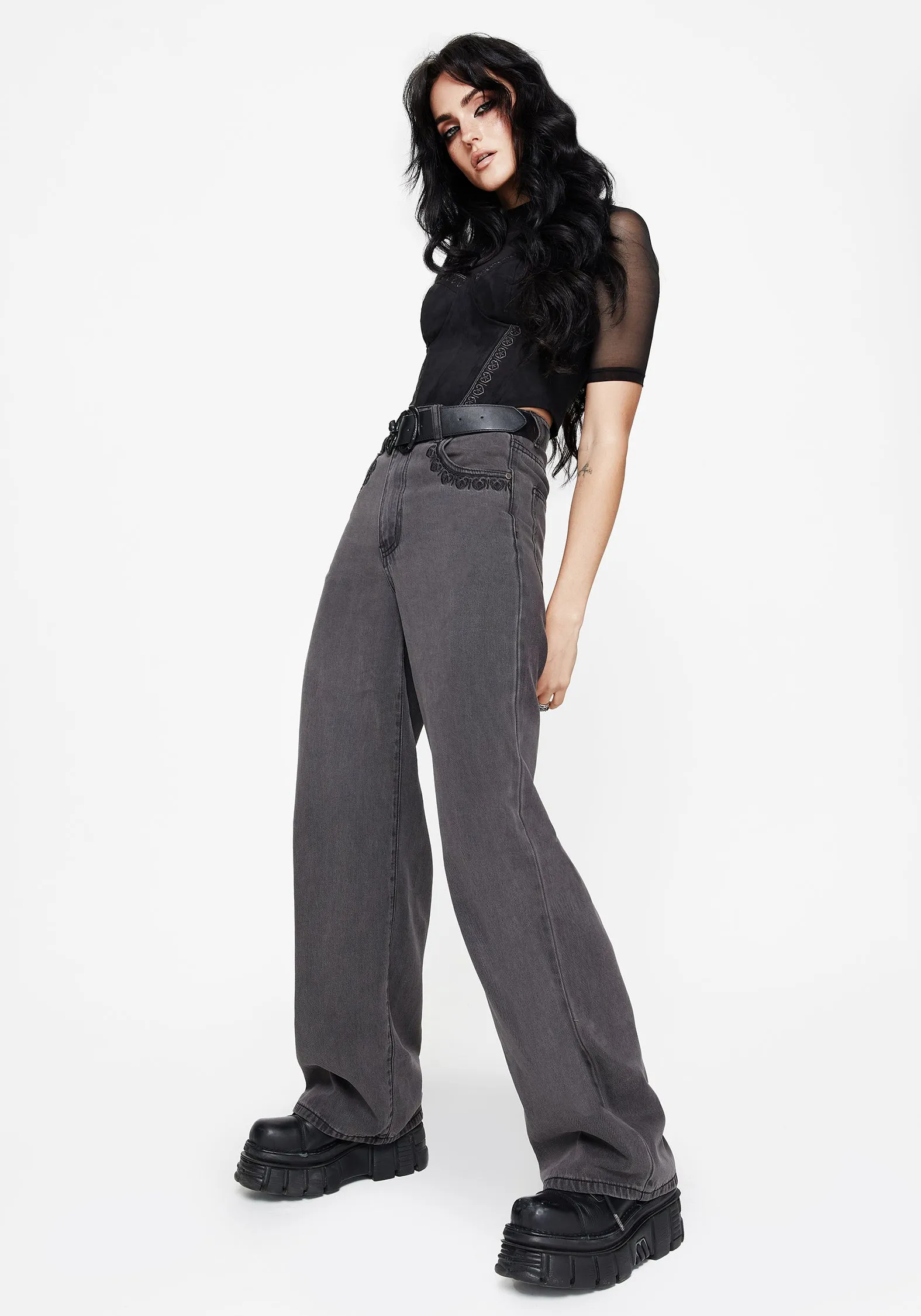 Customizable length Nara Wide Leg Distressed Gothic Embroidery Jeans