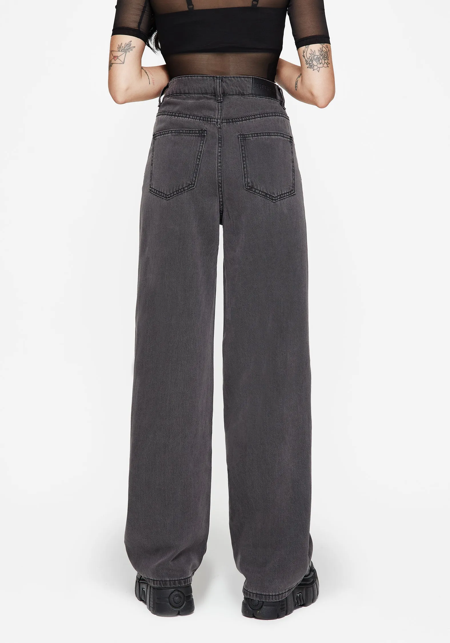 Nara Wide Leg Distressed Gothic Embroidery Jeans Mid Rise