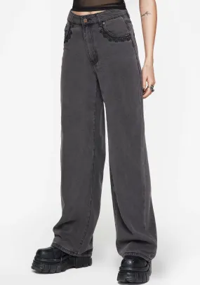 AdjustableWaistband Nara Wide Leg Distressed Gothic Embroidery Jeans