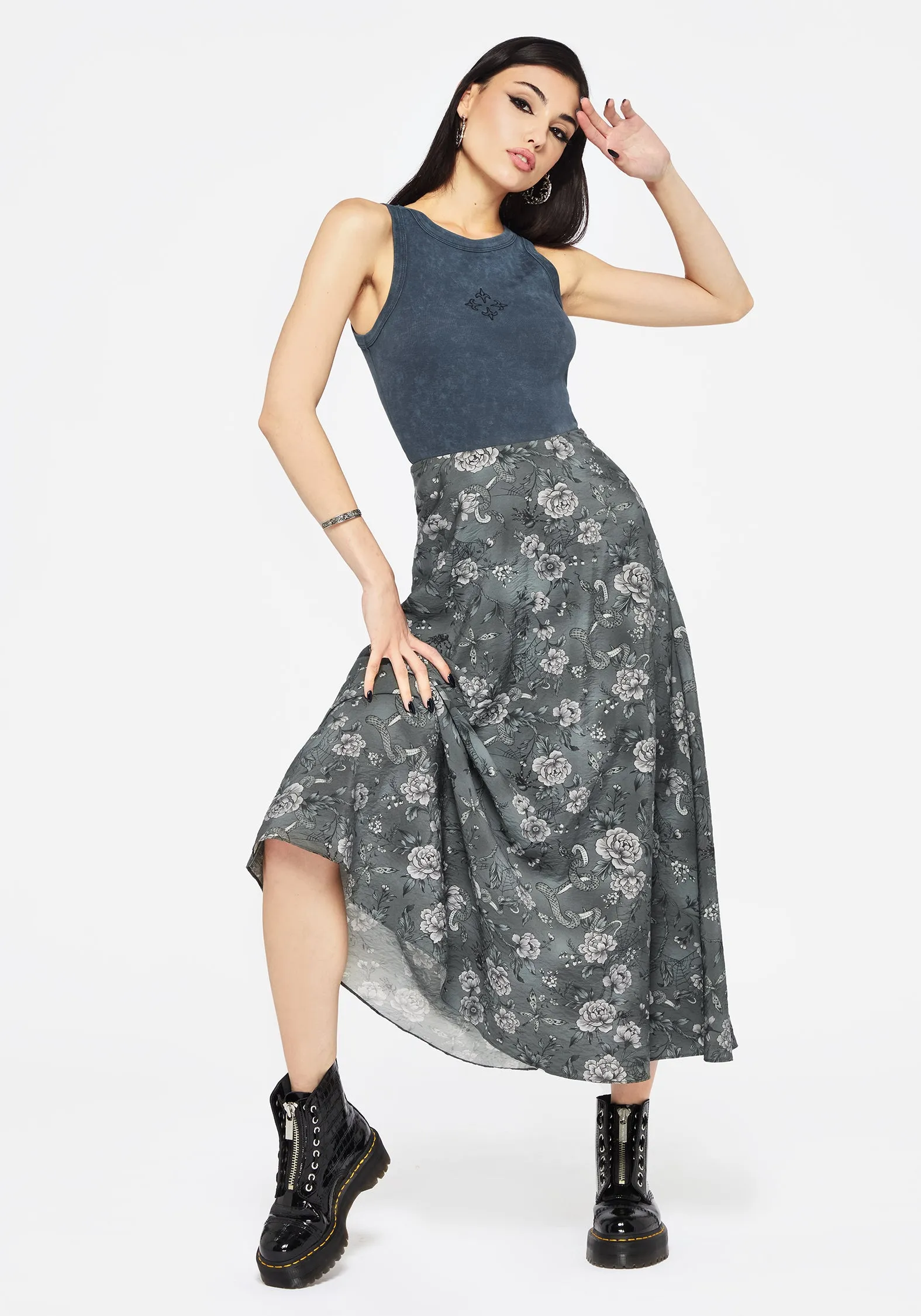 Fresh Aesthetic Bohemian vibe Meadow Floral Serpent Print Midaxi Skirt