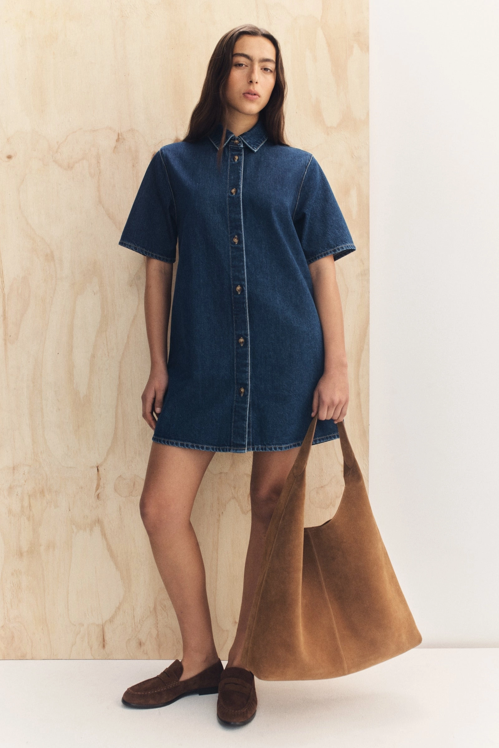 Neera Denim Mini Shirt Dress Soft Lines Street-Style