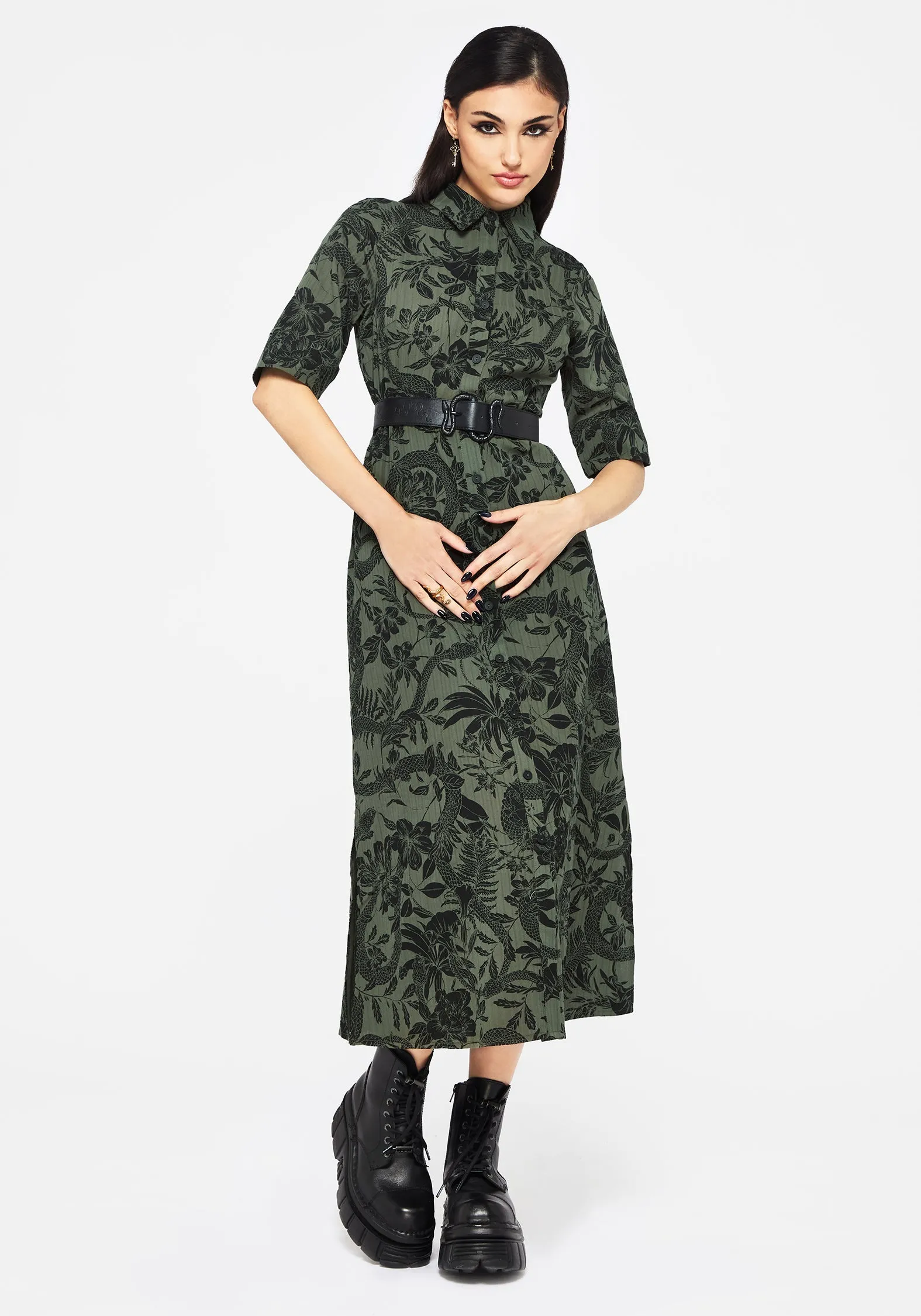 Bashe Cotton Midaxi Shirt Dress - Green Happy Scent