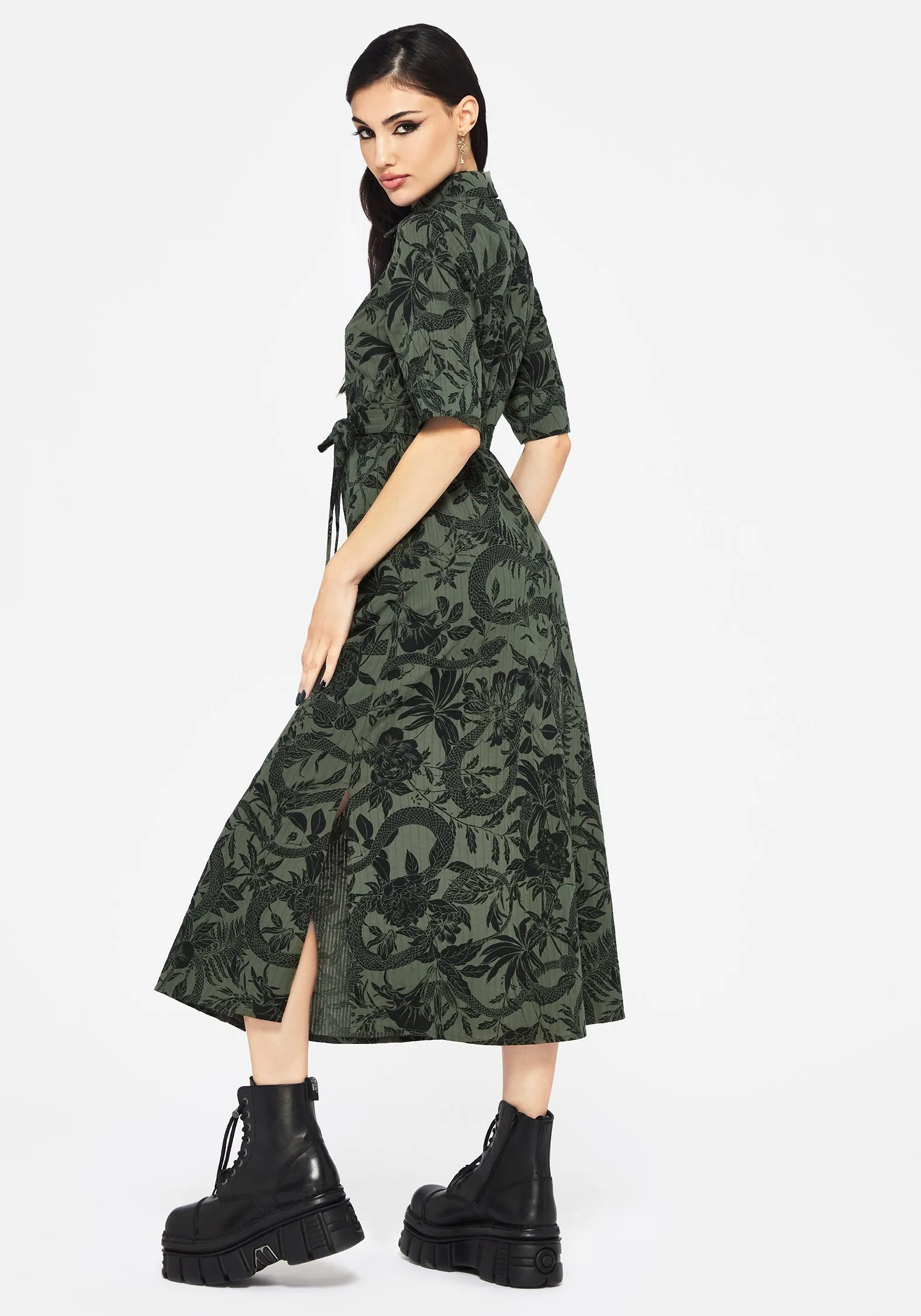 Bashe Cotton Midaxi Shirt Dress - Green Grace Walk Effortless Comfort