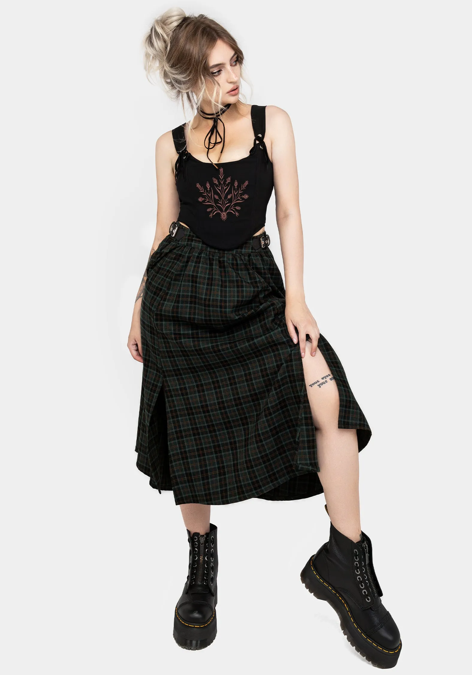 Nightingale Buckled Check Midi Skirt Reinforced Hems