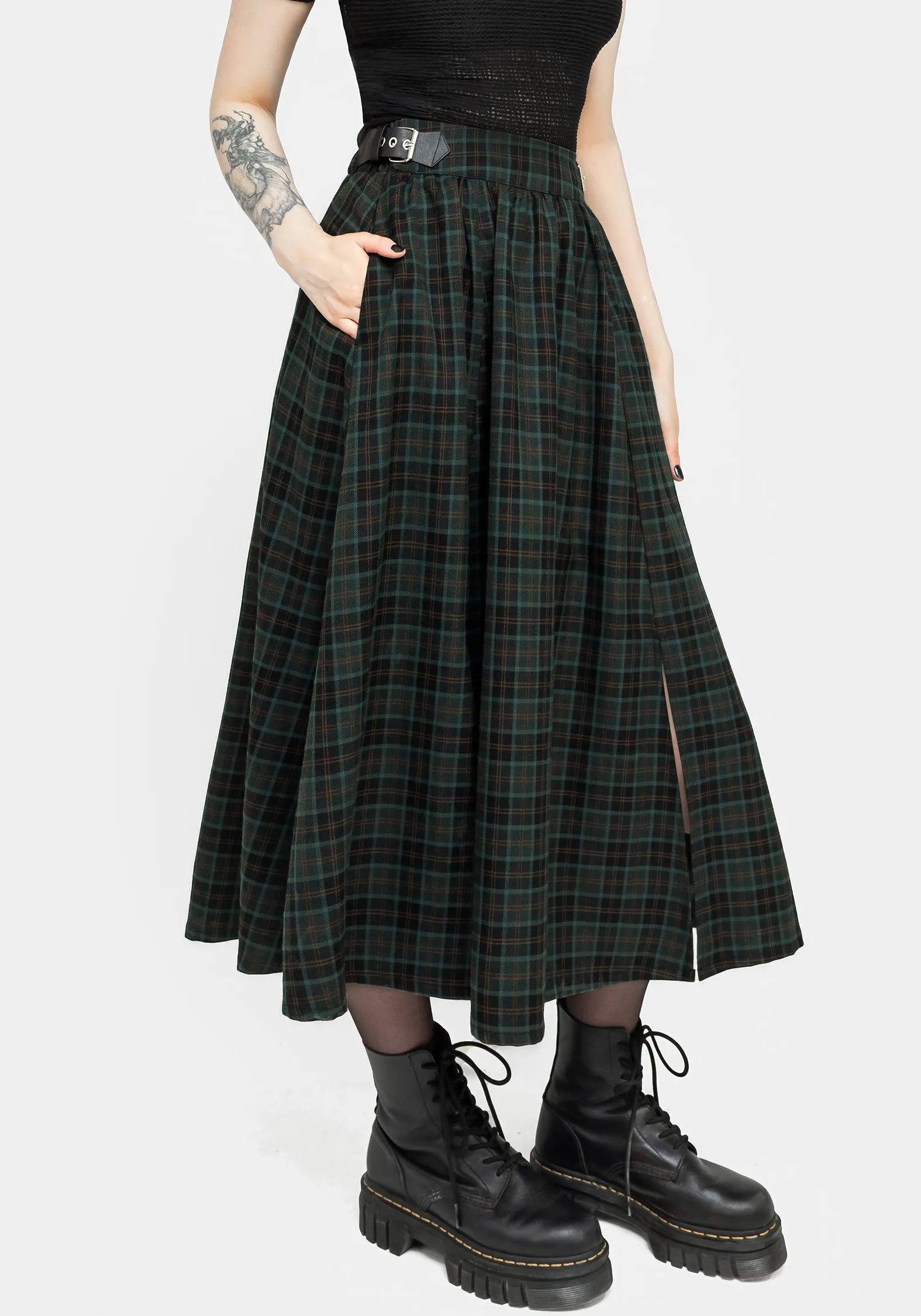 Nightingale Buckled Check Midi Skirt Tiered hem Soft Palette