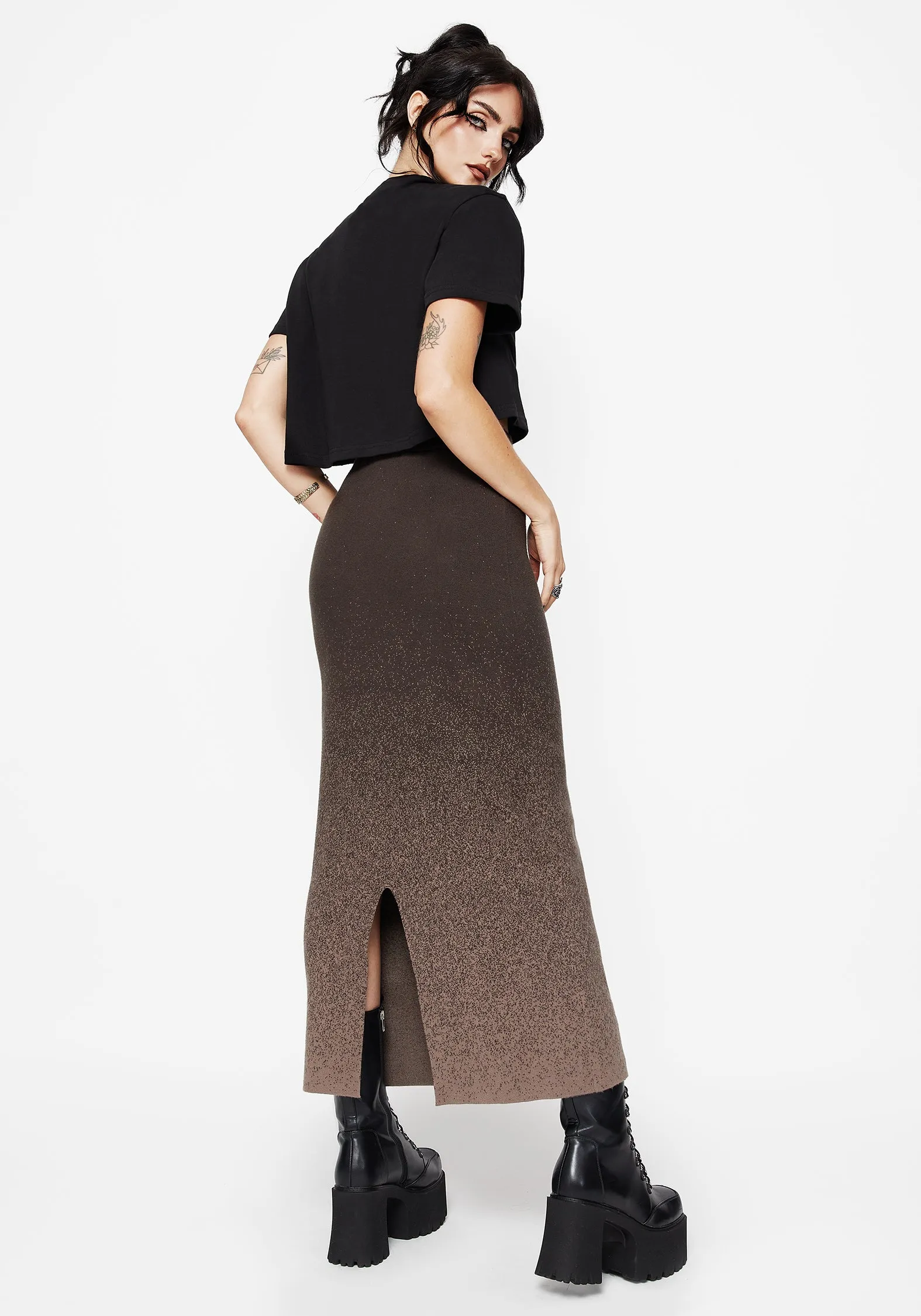 Soft Outfit Elevated Casual Nightjar Ombre Knit Maxi Skirt - Taupe