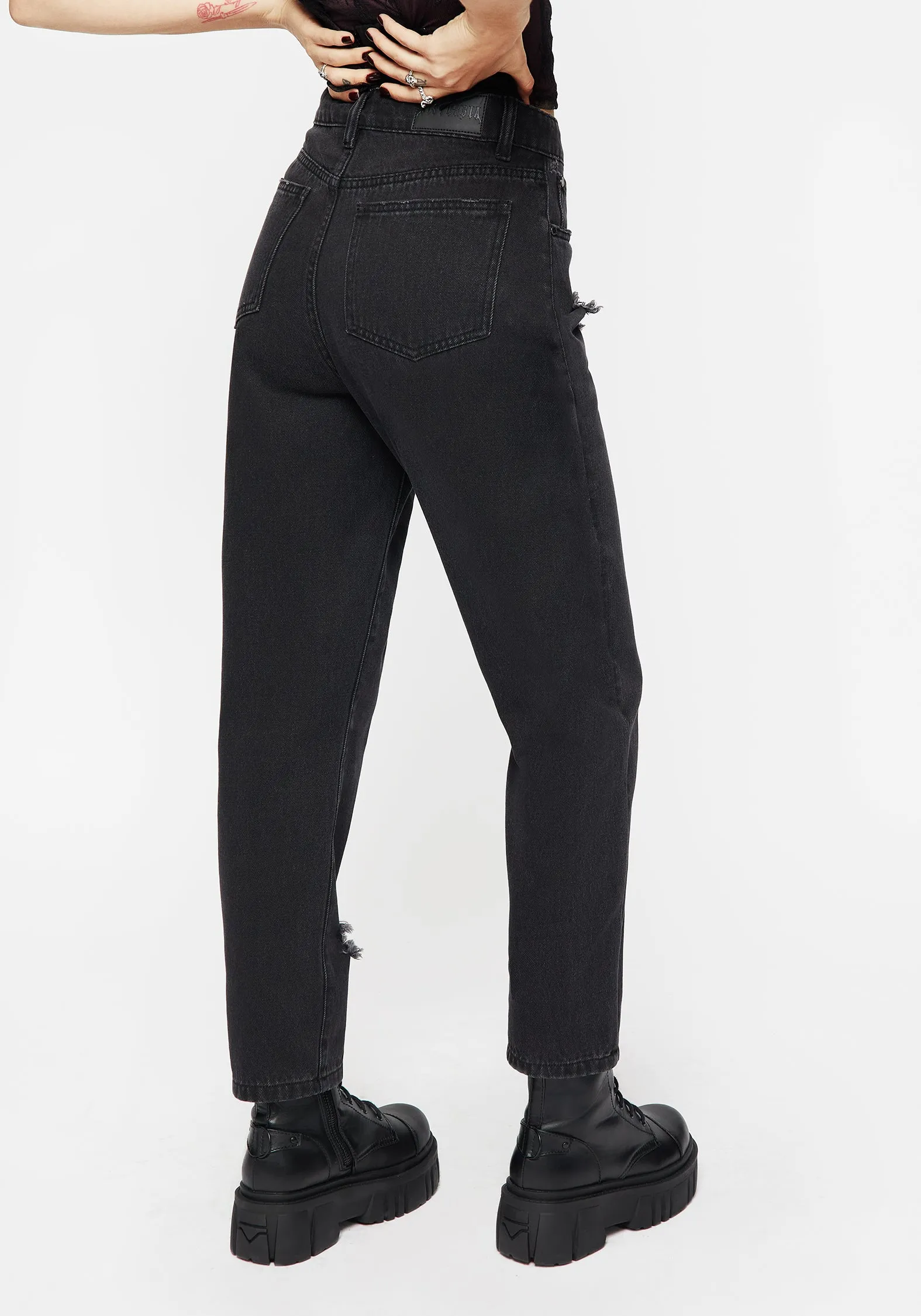 Nirah Embroidered Distressed Mom Jeans Solid Choice Subtle Detail