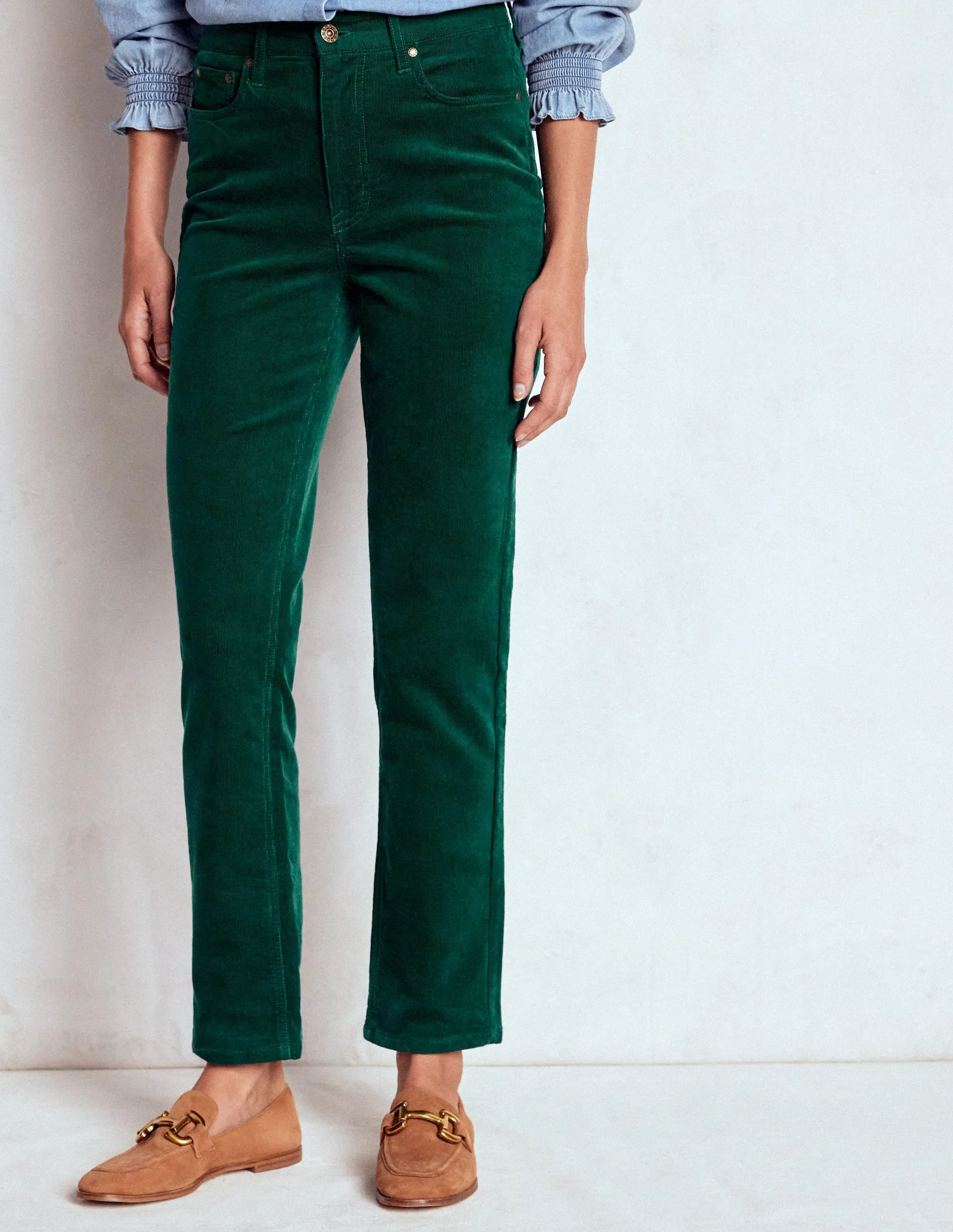 Casual Wearable High-Waisted Cord Slim Jeans-Emerald Night