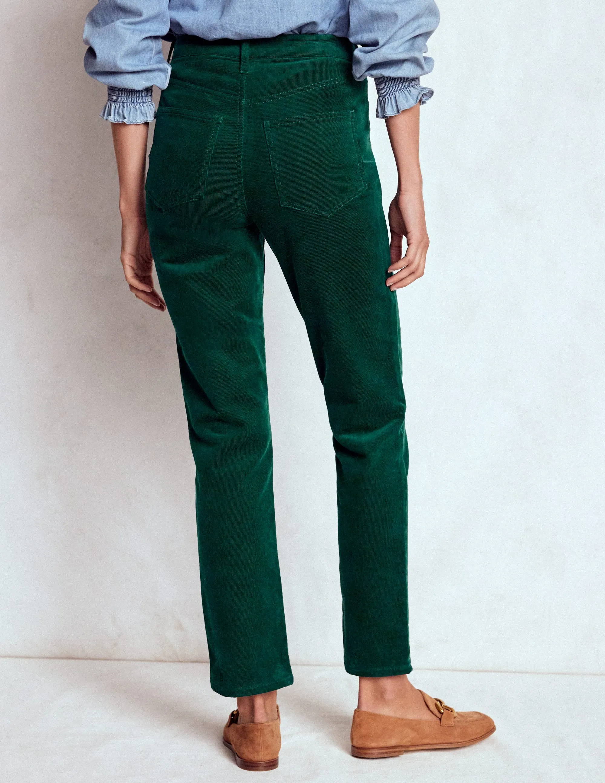 ResilientElasticBand Loose cut High-Waisted Cord Slim Jeans-Emerald Night
