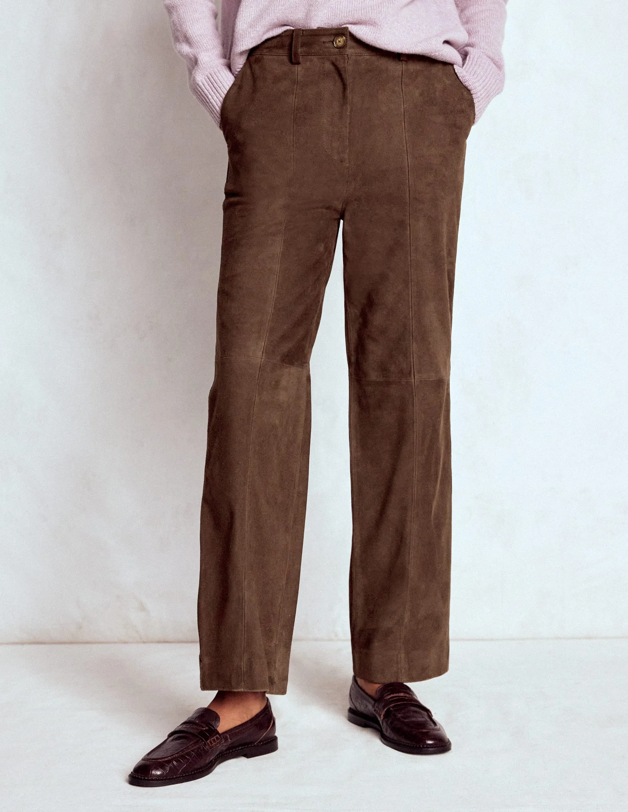 Suede Straight Leg Trousers-Dark Chocolate clean look