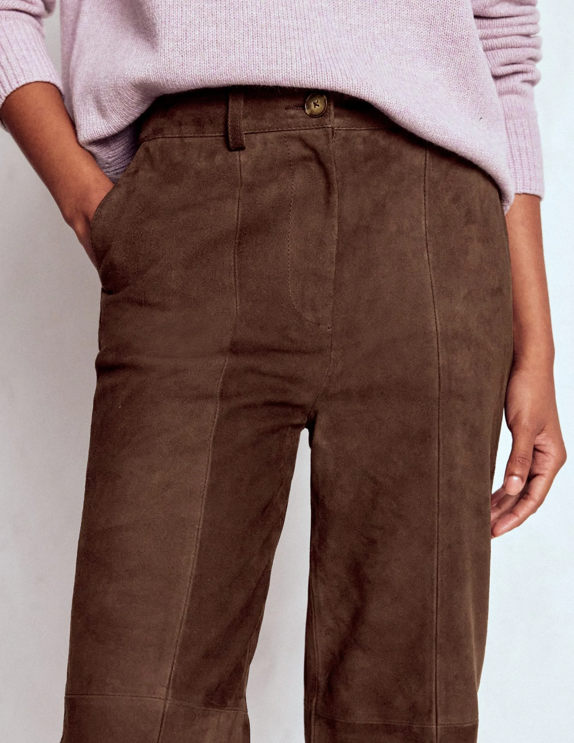 Suede Straight Leg Trousers-Dark Chocolate Practical Look Layered Style