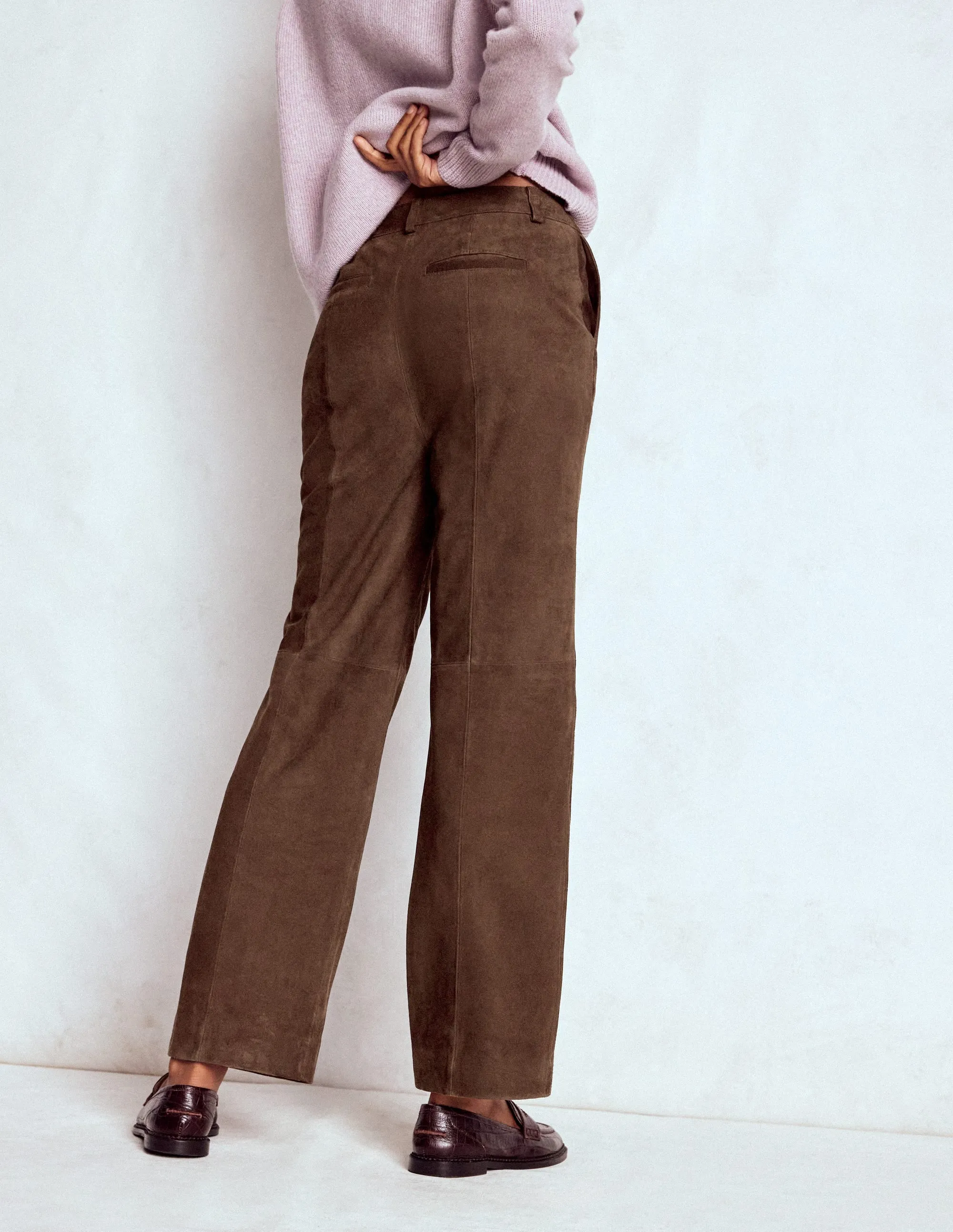 Loose cut Cozy Comfort Suede Straight Leg Trousers-Dark Chocolate