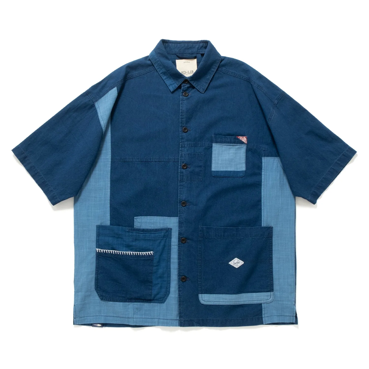 (ST458) Indigo Patchwork Short Sleeve Shirt Eco Friendly Dye