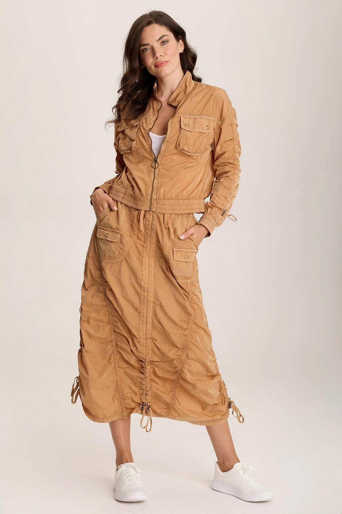 Zeno Ruched Sporty Cargo Midi Skirt Water Repellent Finish Performance Outfit