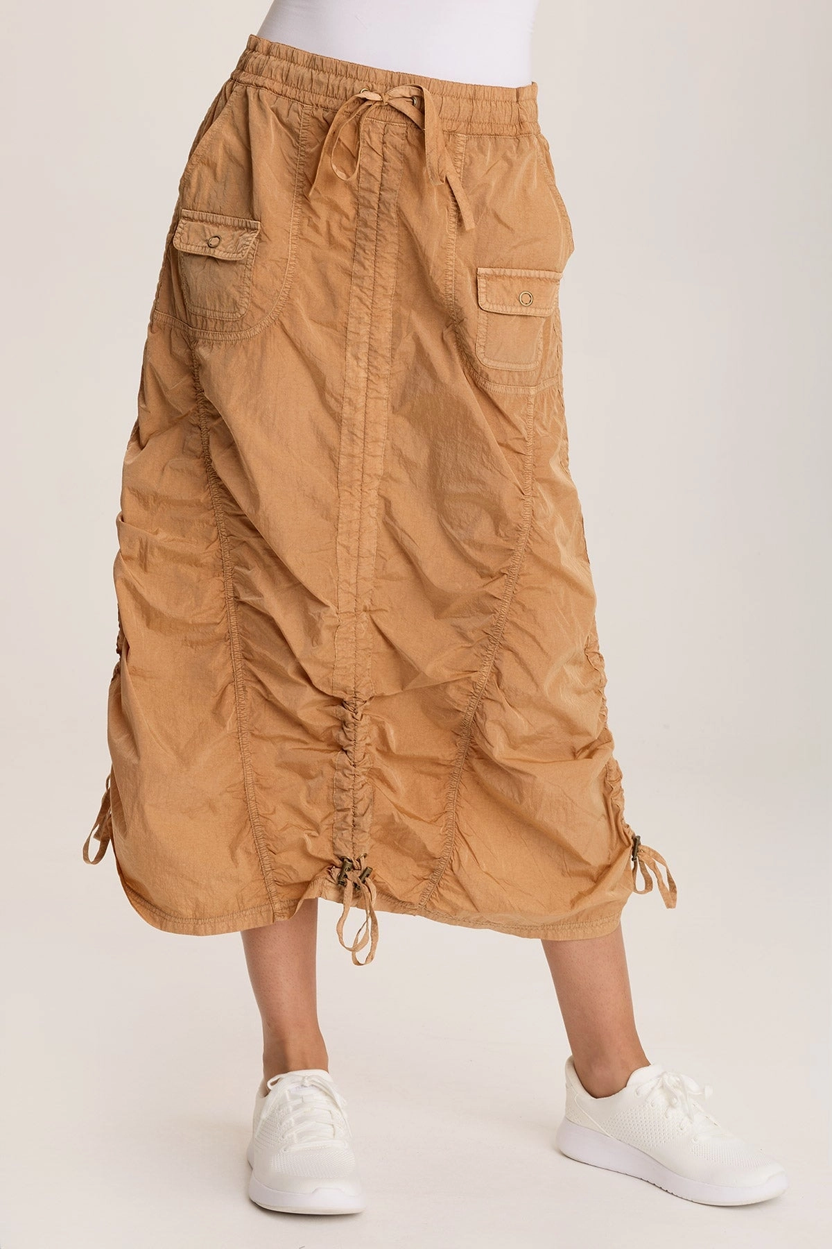 Chic Attire Detachable Tie Zeno Ruched Sporty Cargo Midi Skirt