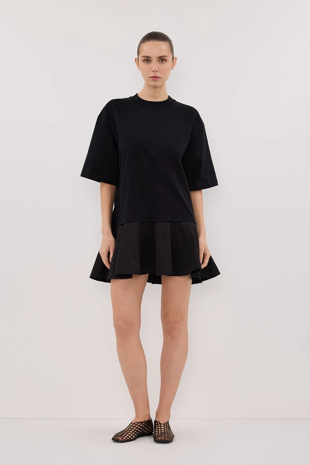 Metallic-Shine NOAH BLACK SHORT SLEEVE RUFFLE MINI DRESS