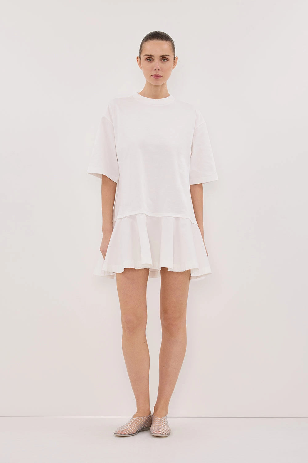 Neutral Flow NOAH WHITE SHORT SLEEVE RUFFLE MINI DRESS