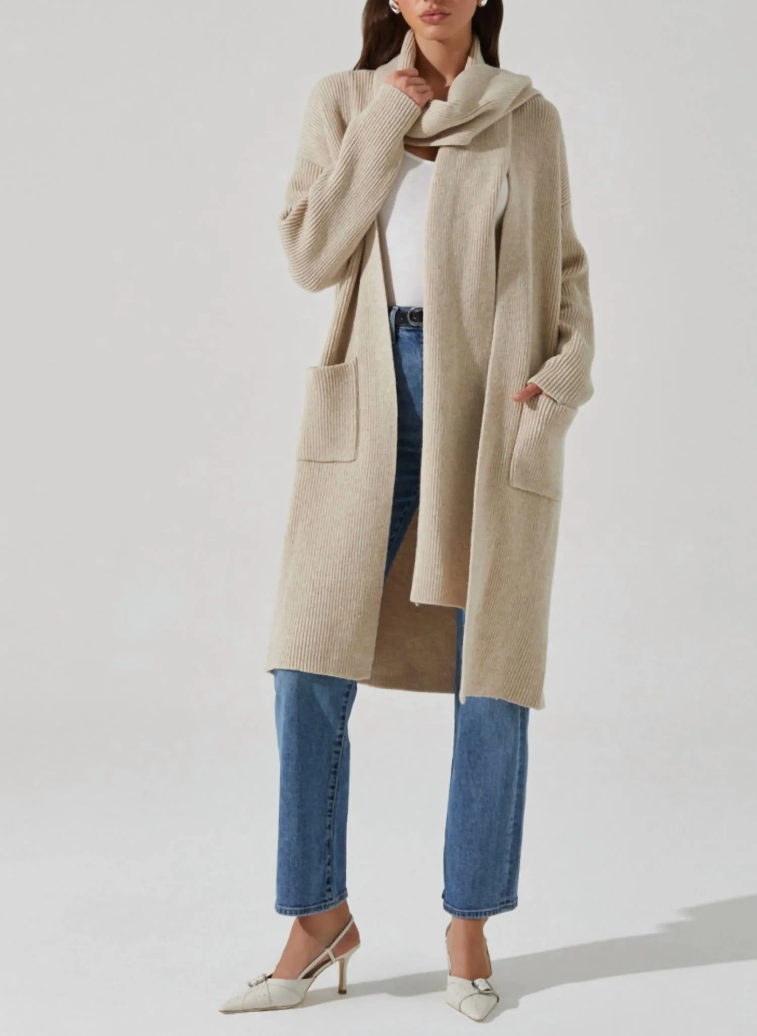 Unisex style Classic Fit Noemi Ribbed Cardigan In Beige