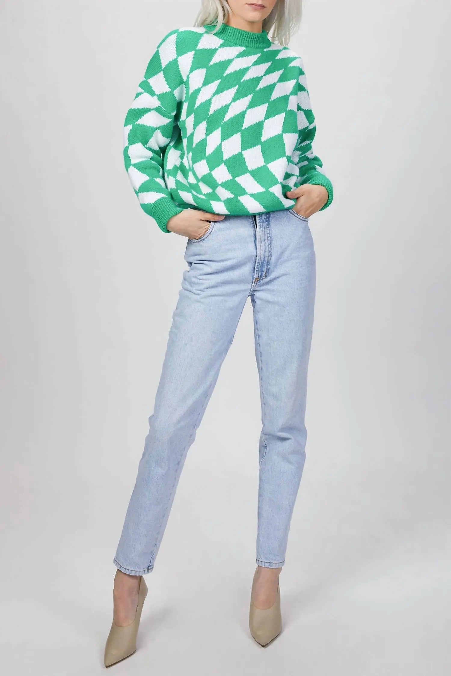 Emma Sweater In Green/white Warm and Soft Cozy Vibes