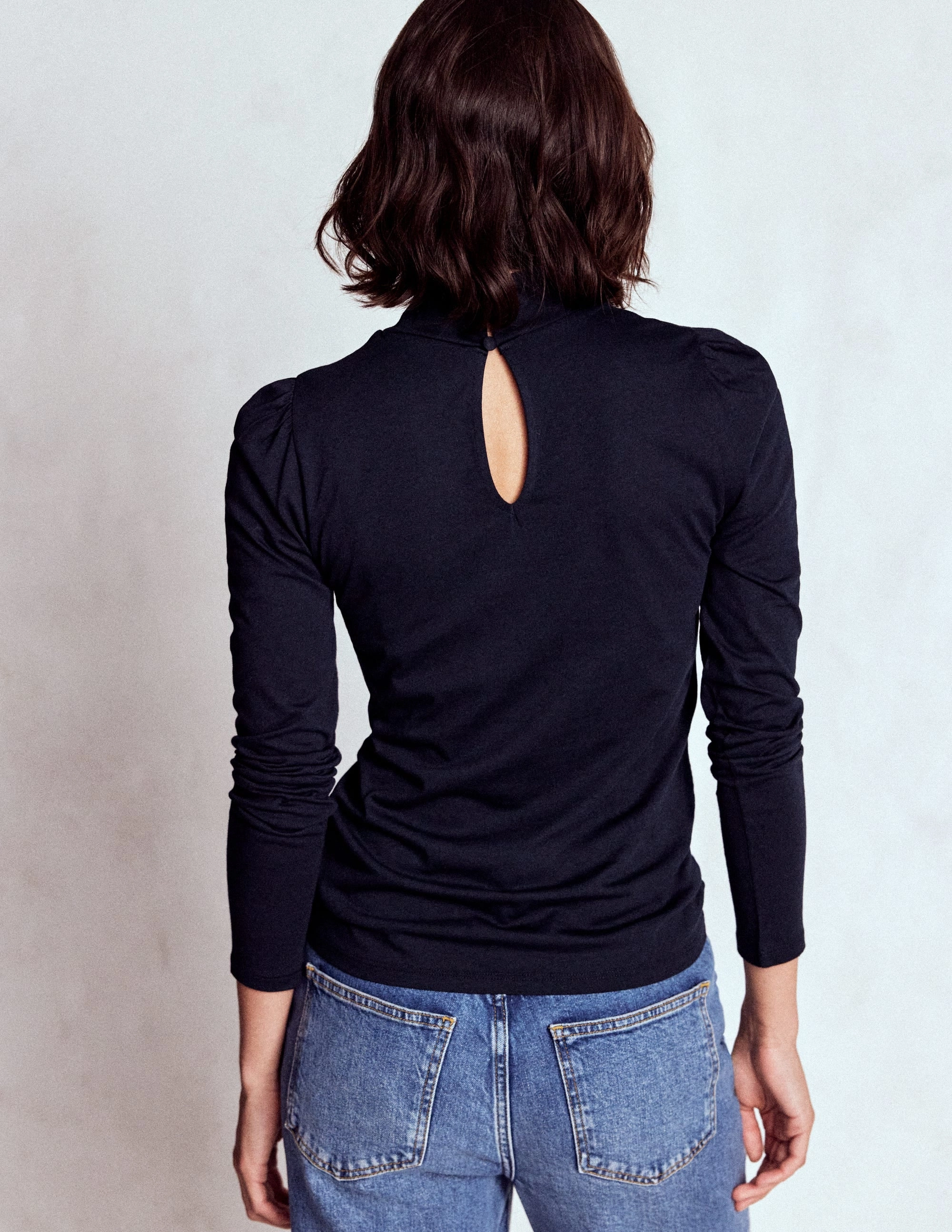 Non Restrictive Fit Puff Shoulder Jersey Top-Navy Erasable Surface Coating