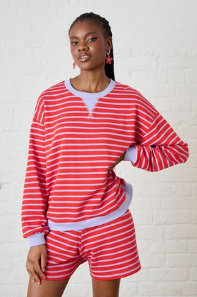 Comfy Layer Double Needle Stitching Stripe Sweat Top in Red/Lilac
