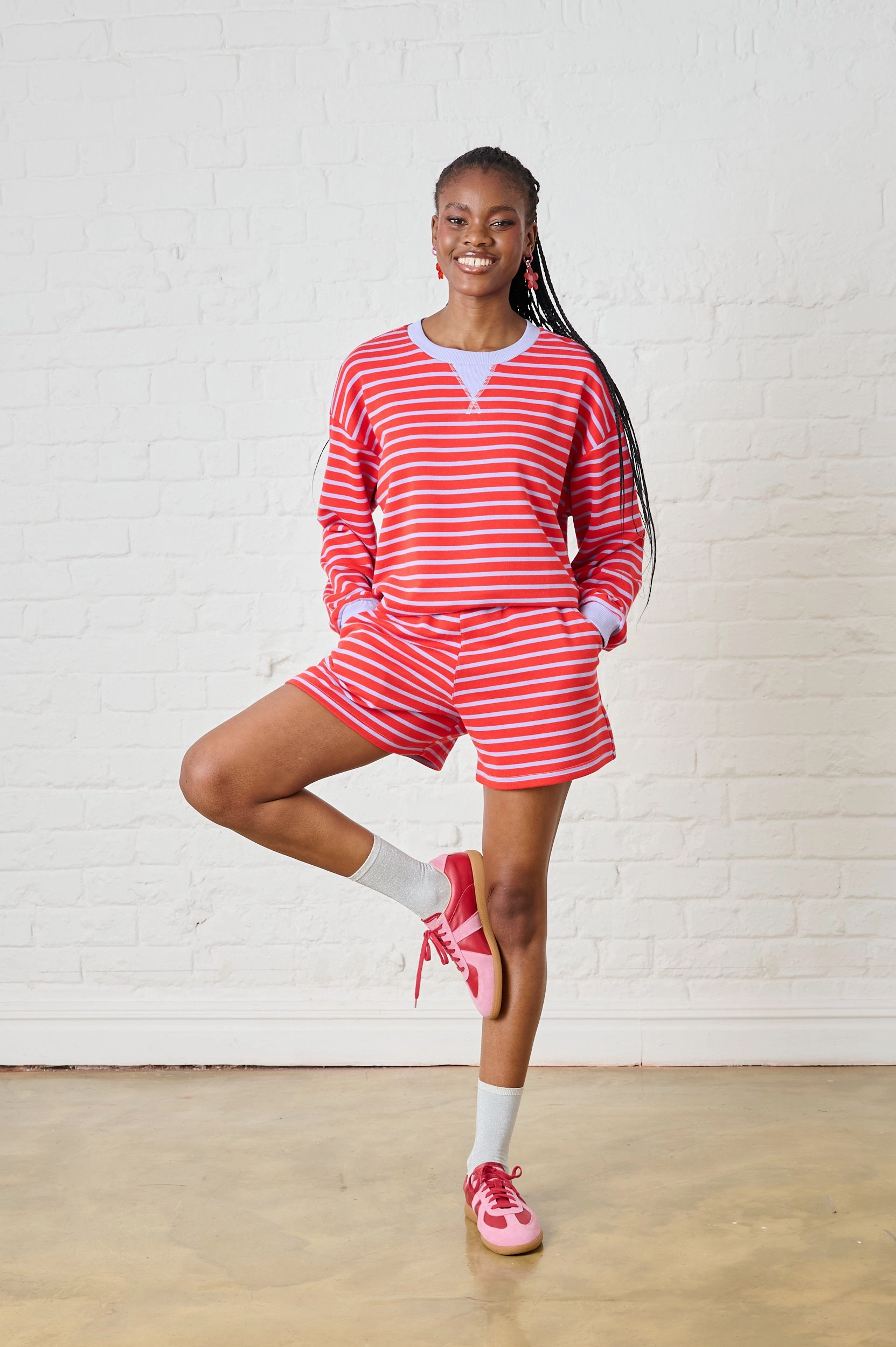 Stripe Sweat Top in Red/Lilac NoiseReduciting Zipper
