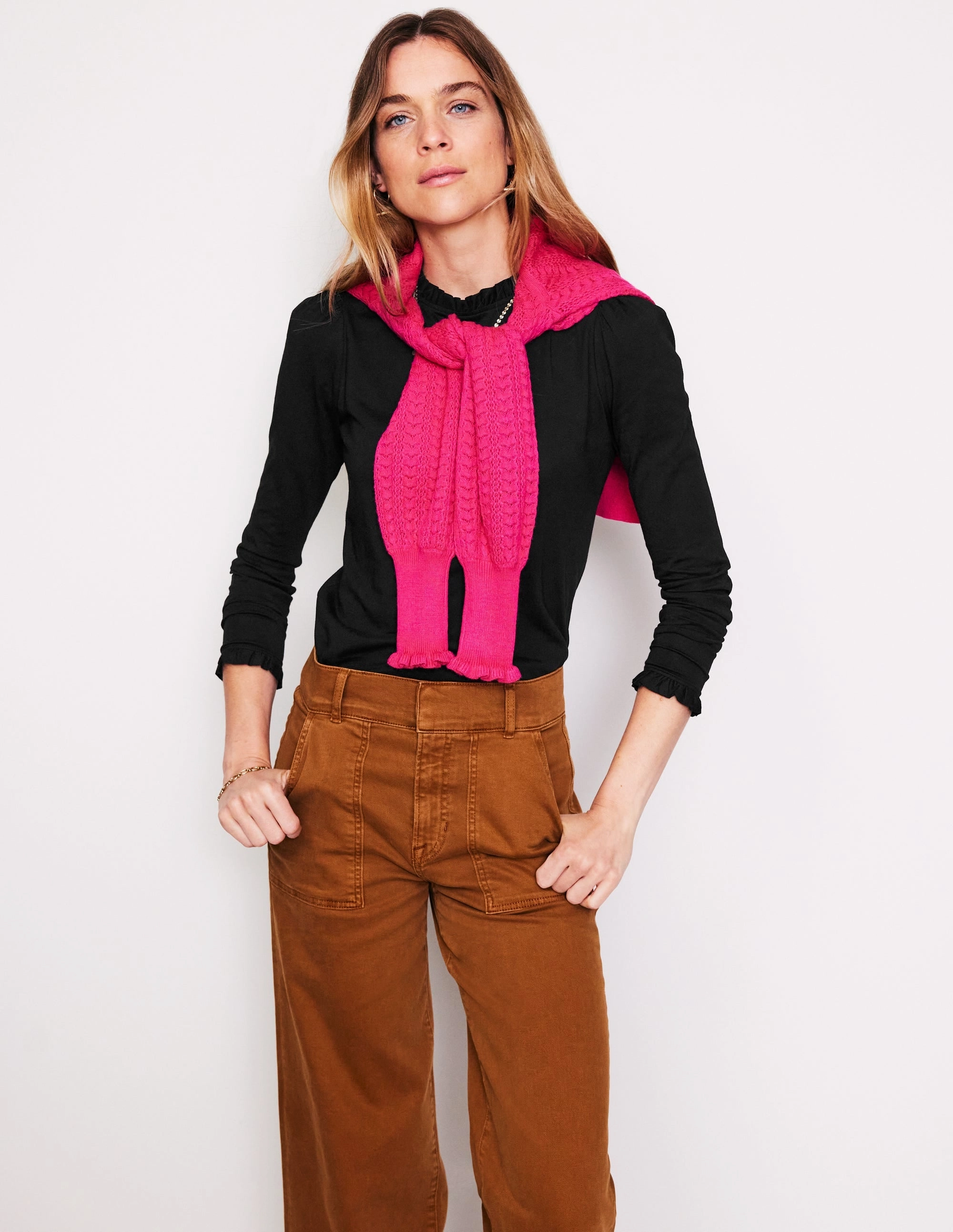 NonRestrictive Armhole Cut Supersoft Frill Detail Top-Black Snag Proof Weave
