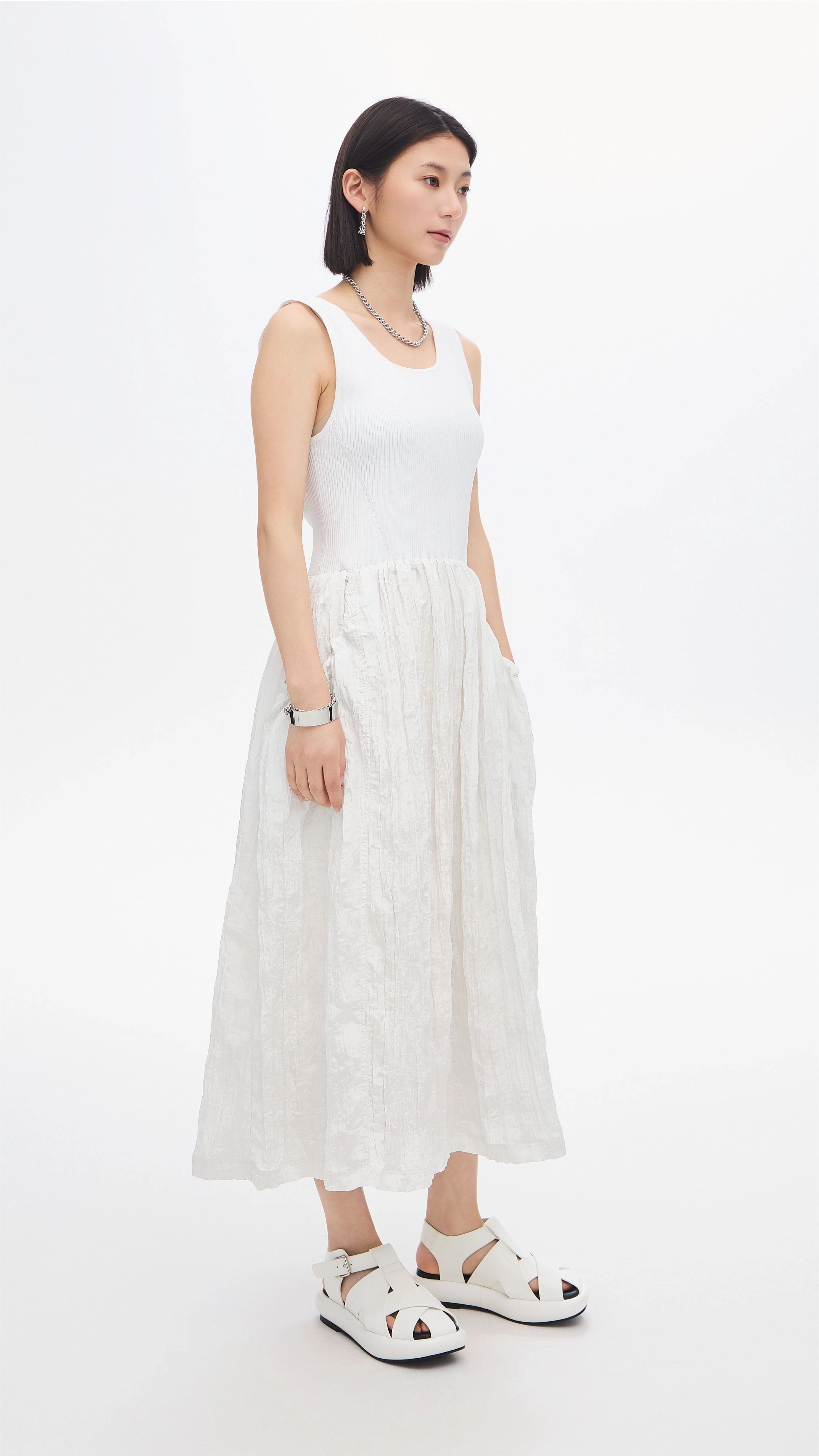 Silky-Feel Flexible Cut Nylon Patch Knit Dress