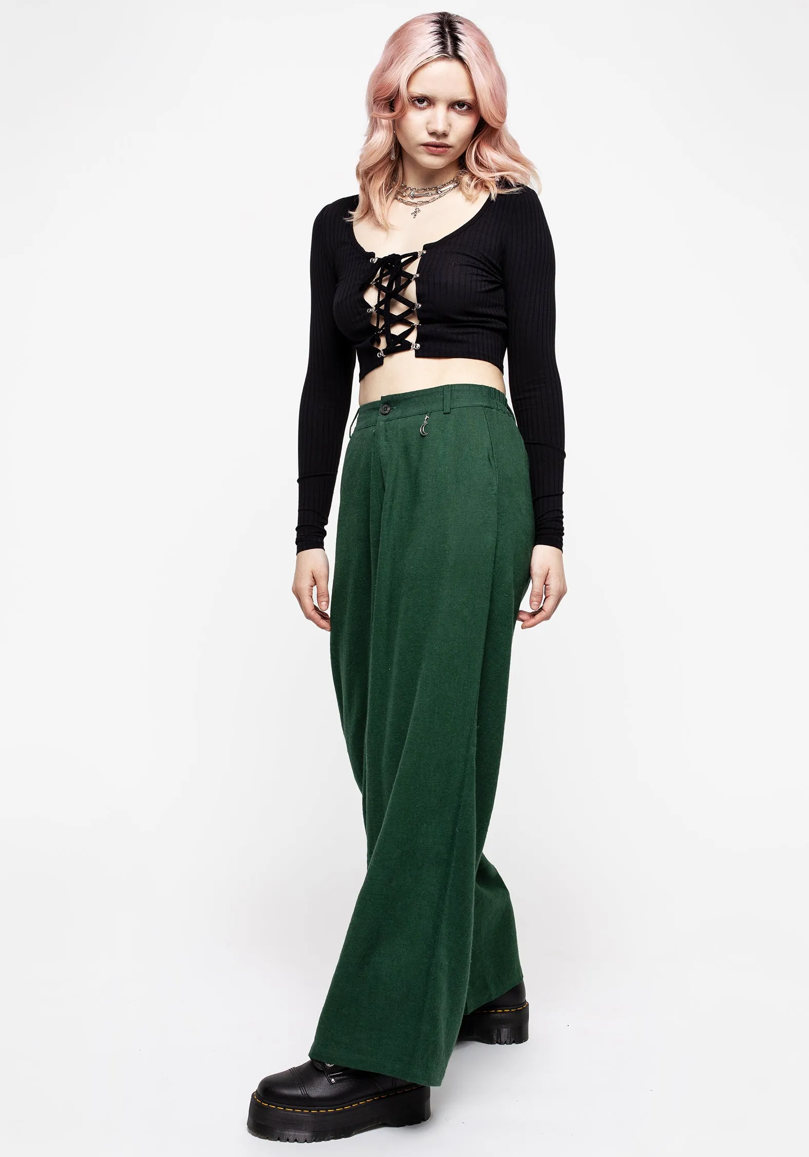 Layered Comfort Oberon Green Wide Leg Linen Blend Trousers