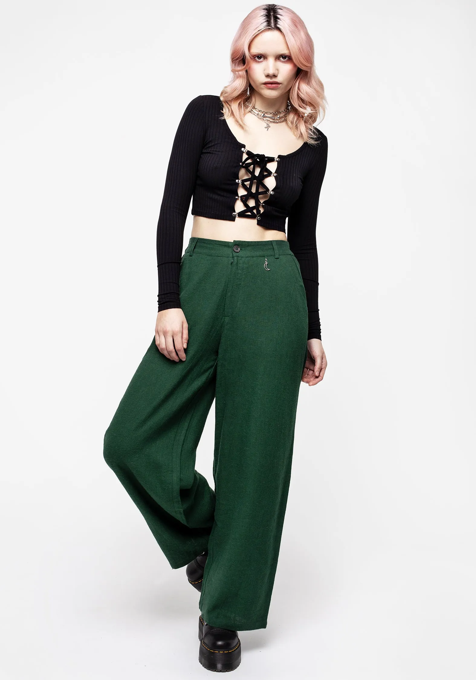 Oberon Green Wide Leg Linen Blend Trousers Ergonomic Cut Stay Dry