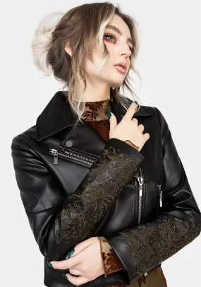 Vervain Embroidered Faux Leather Biker Jacket Cotton Twill Abrasion Resistant Fabric