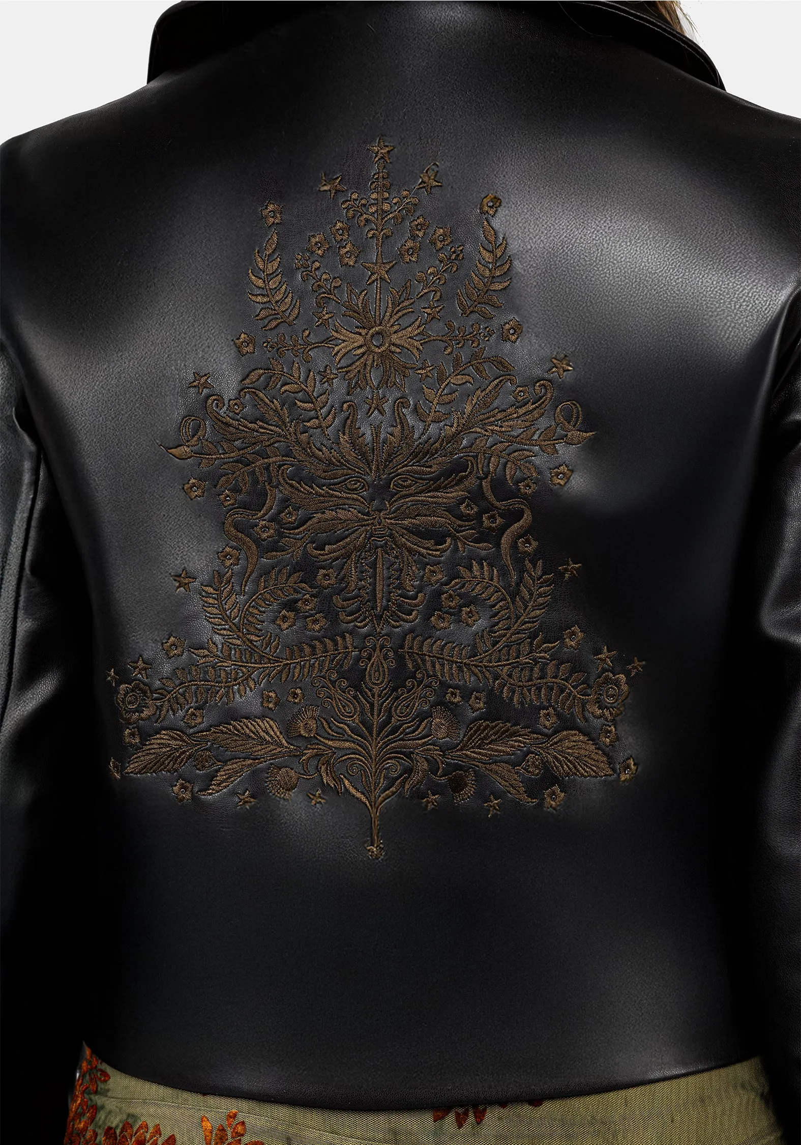 Microfiber Blend Vervain Embroidered Faux Leather Biker Jacket