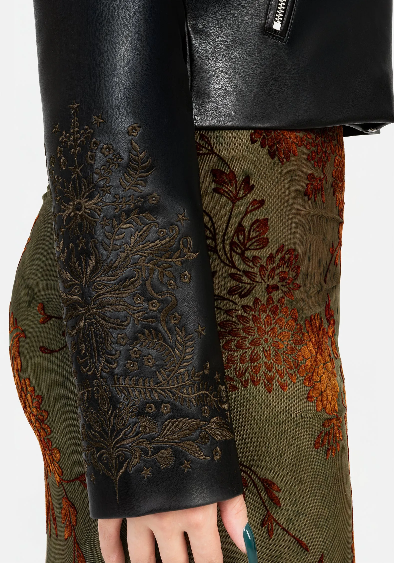 Water Resistant Fabric Comfort Focused Design Vervain Embroidered Faux Leather Biker Jacket