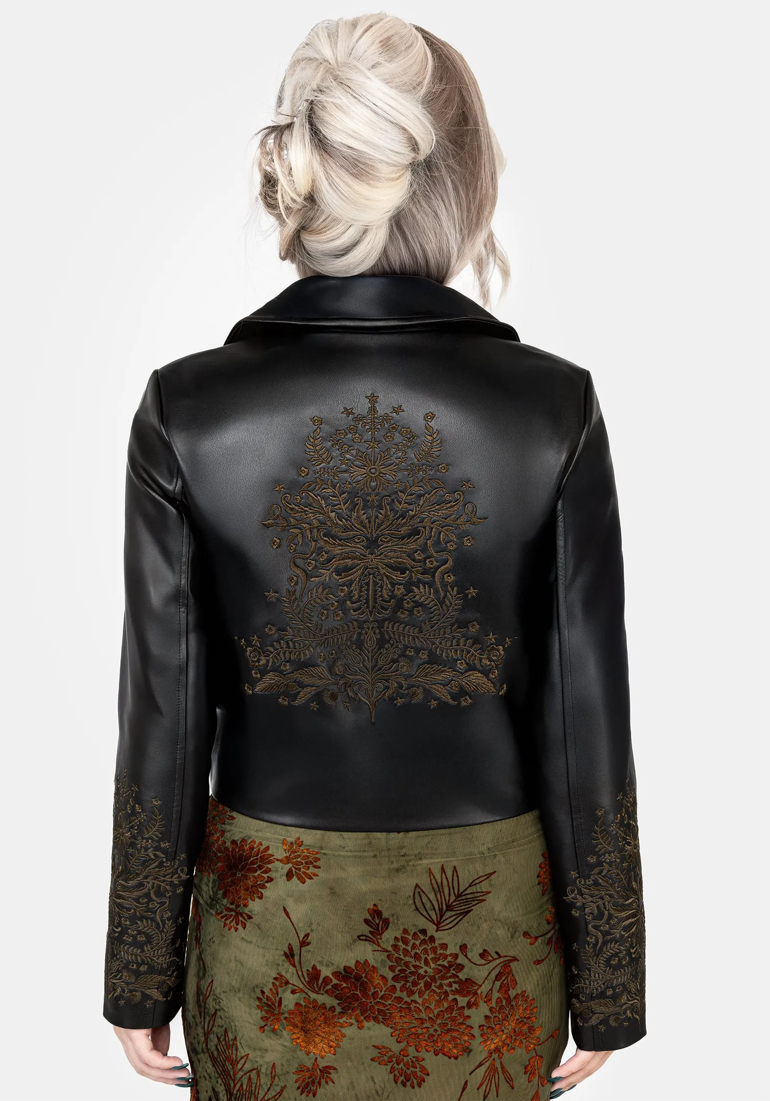 Zipper Closure System AbrasionResistantSurface Vervain Embroidered Faux Leather Biker Jacket