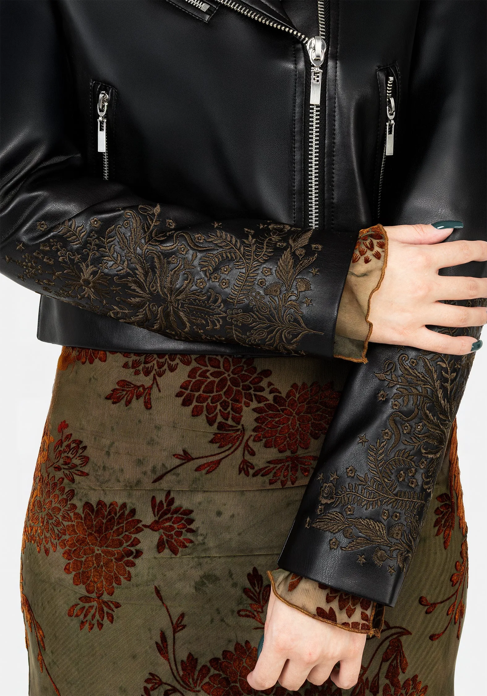 Easy Care Fabric Reinforced Shoulder Panels Vervain Embroidered Faux Leather Biker Jacket