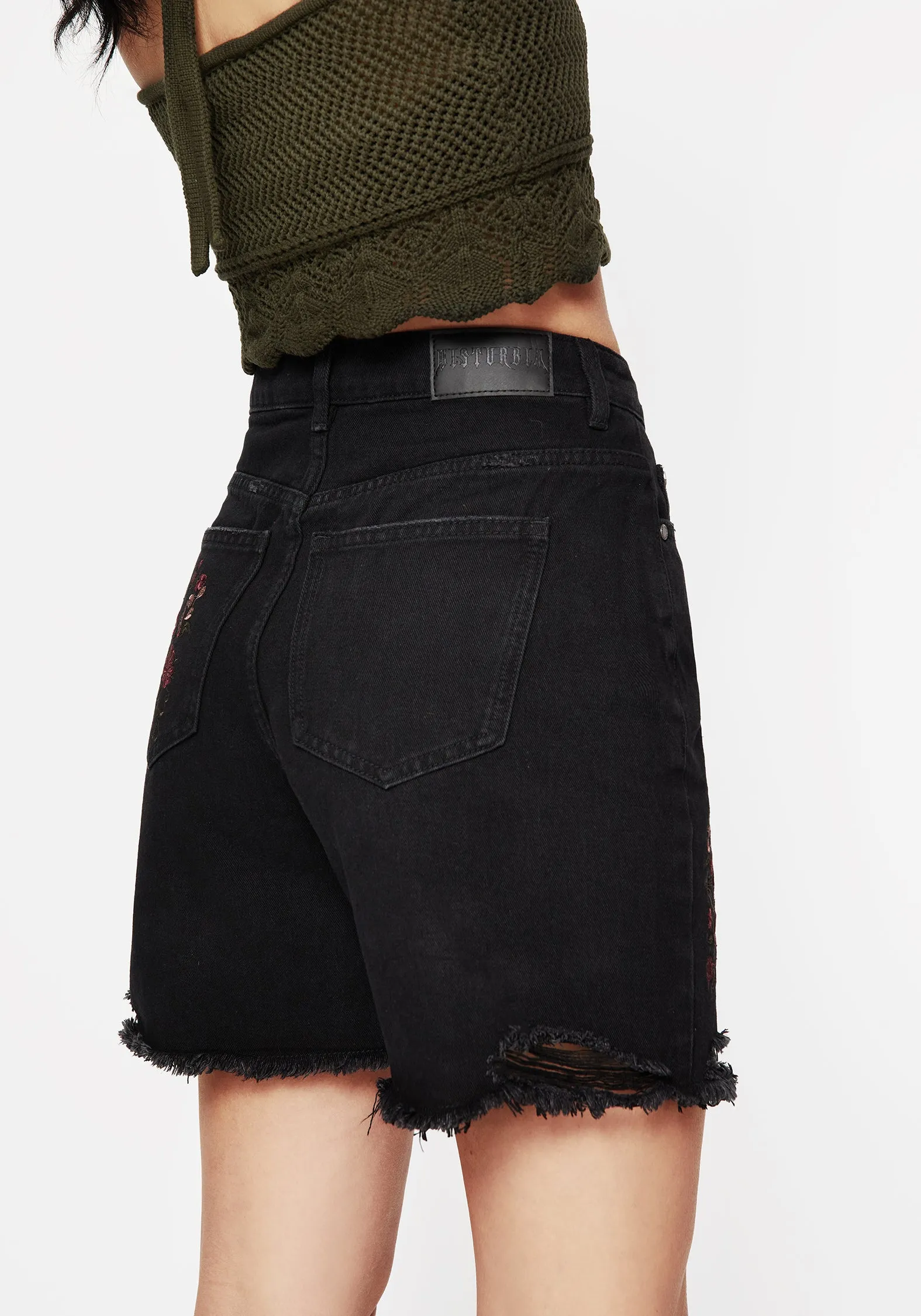 Aster Floral Embroidered Mid Length Denim Shorts ElasticHem Anti - odor