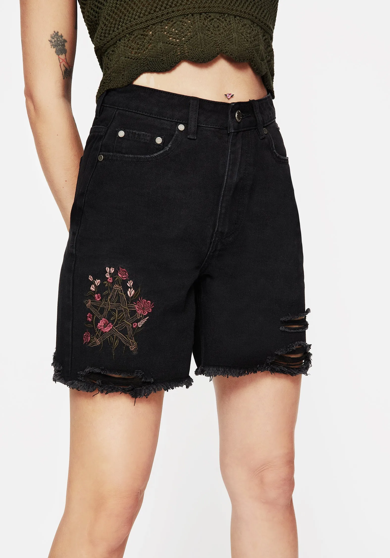 Slim Profile Minimal Fit Aster Floral Embroidered Mid Length Denim Shorts