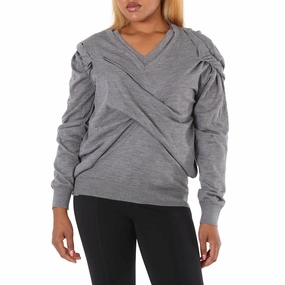 Maison Margiela Ladies V-neck Ruched Jumper, Size Large Side Slit Design