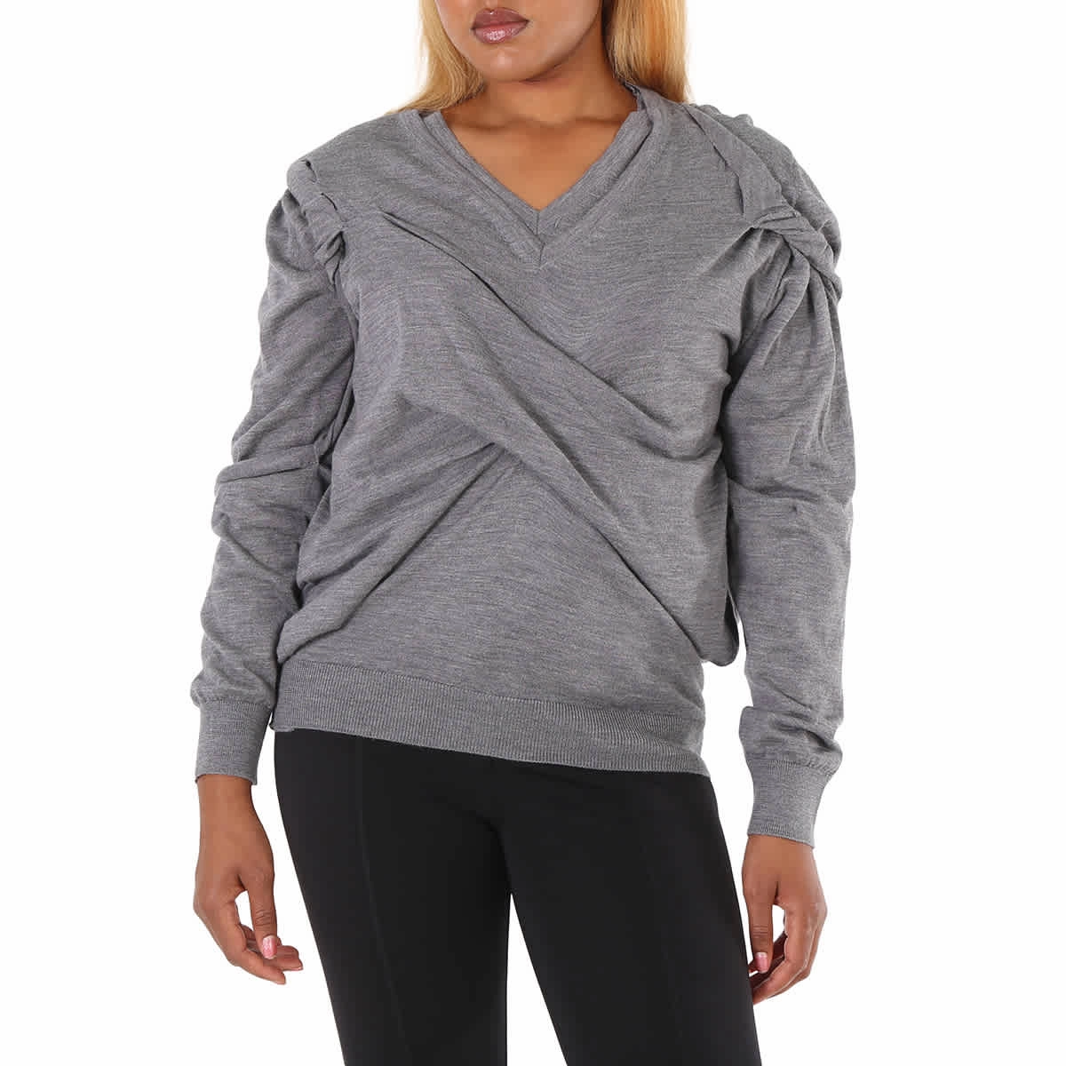 Maison Margiela Ladies V-neck Ruched Jumper, Size Large Side Slit Design