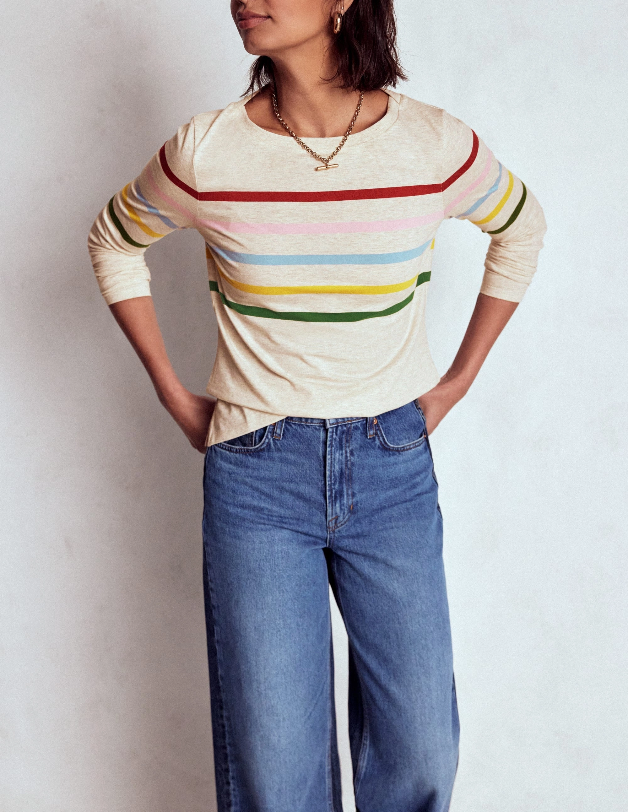 Basic Wardrobe Olivia Long Sleeve Breton-Oatmeal Marl Placed Breton Non Restrictive Fit