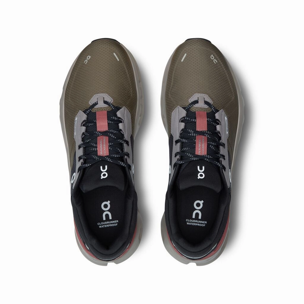 On Men's Cloudrunner 2 Waterproof Running Shoes Olive / Mahogany Reinforced Heel Clip Outdoor Traction