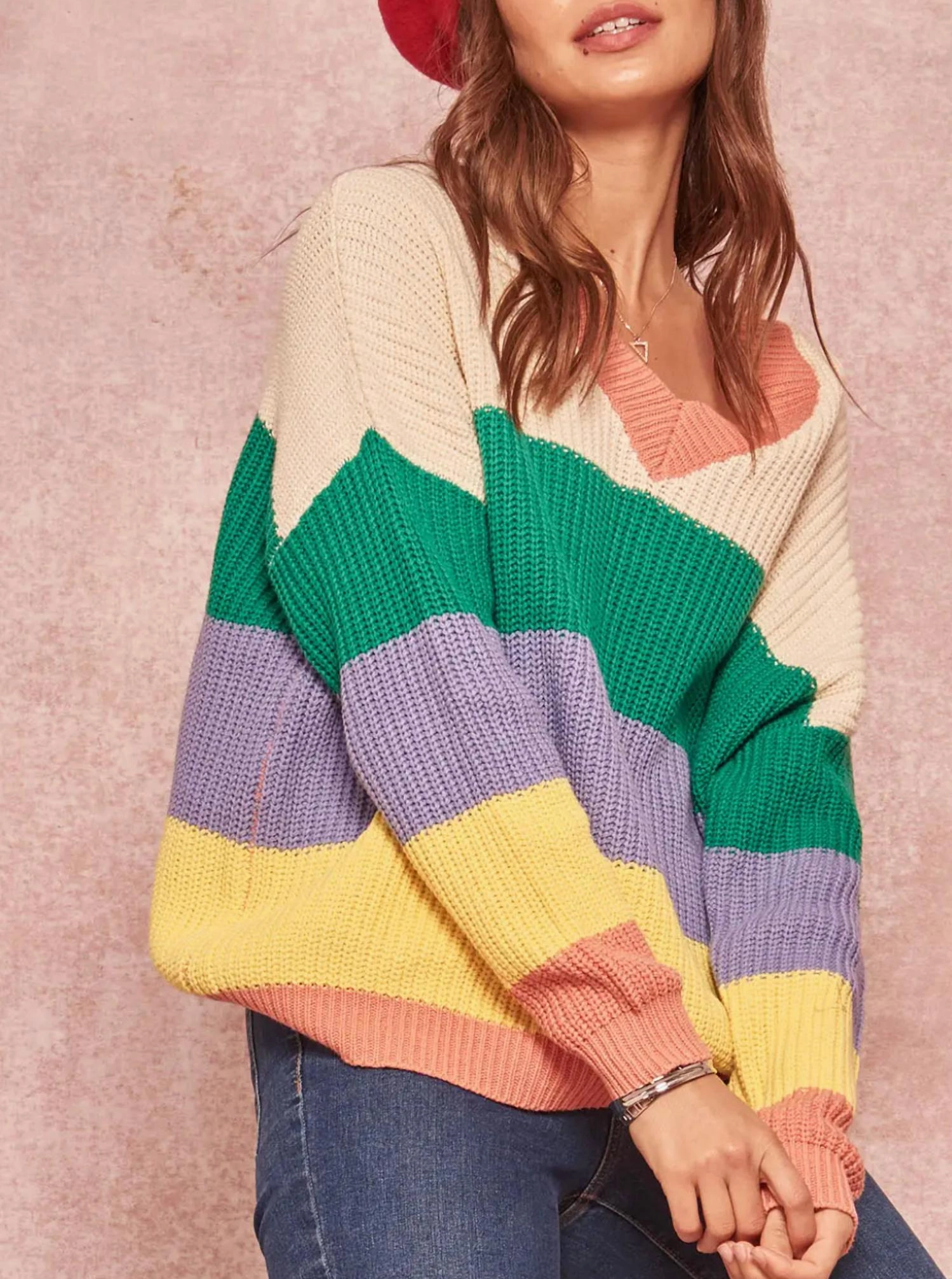 Open-Back Cotton-Blend Sweater In Cream/green Relaxed Neckline Casual Warmth