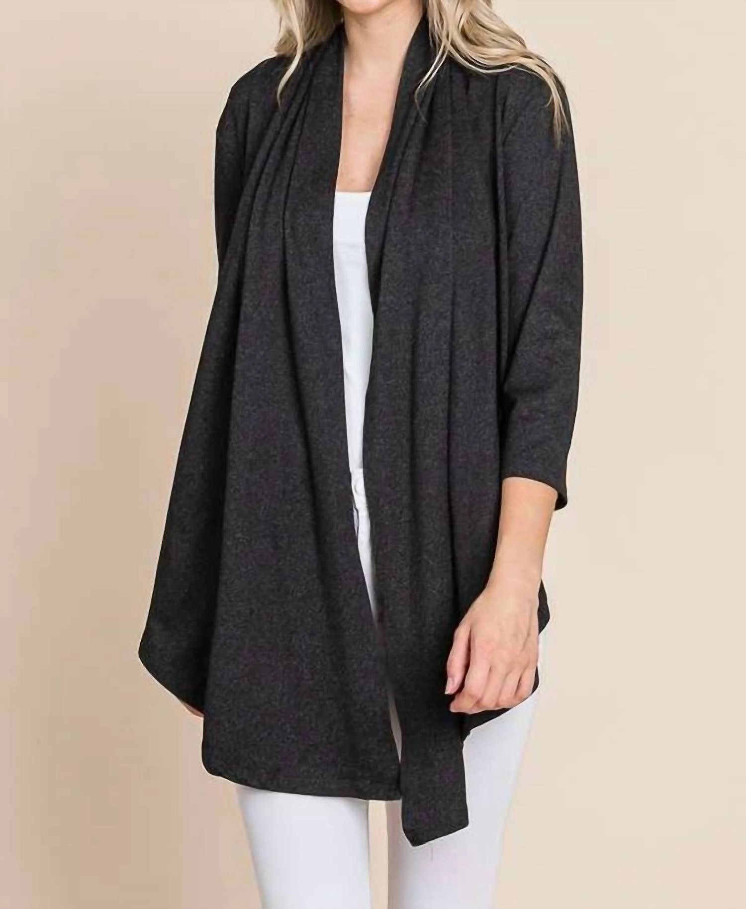 Cozy Knit Fit Tactile Grid Knit Open Front Cardigan In Charcoal
