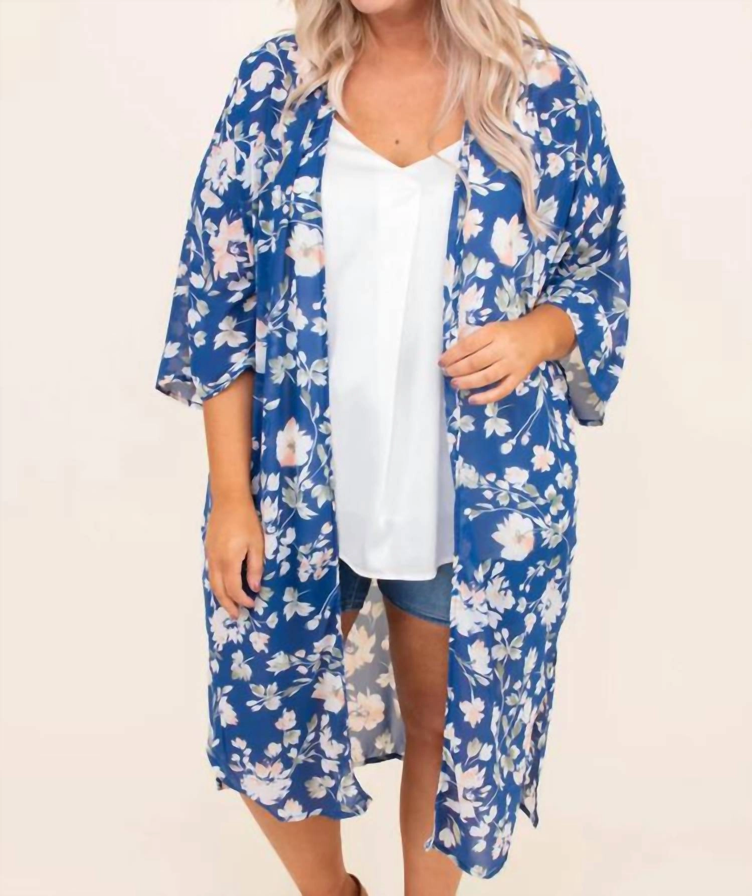 Warm Touch Open Front Long Chiffon Cardigan In Blue