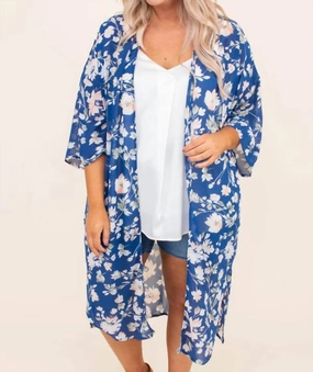 Warm Touch Open Front Long Chiffon Cardigan In Blue