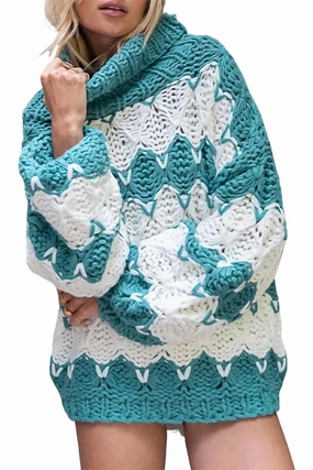 Warm Winter Wear Basic Layer Open-Knit Chunky Turtleneck Sweater In Ivory Teal Stripe