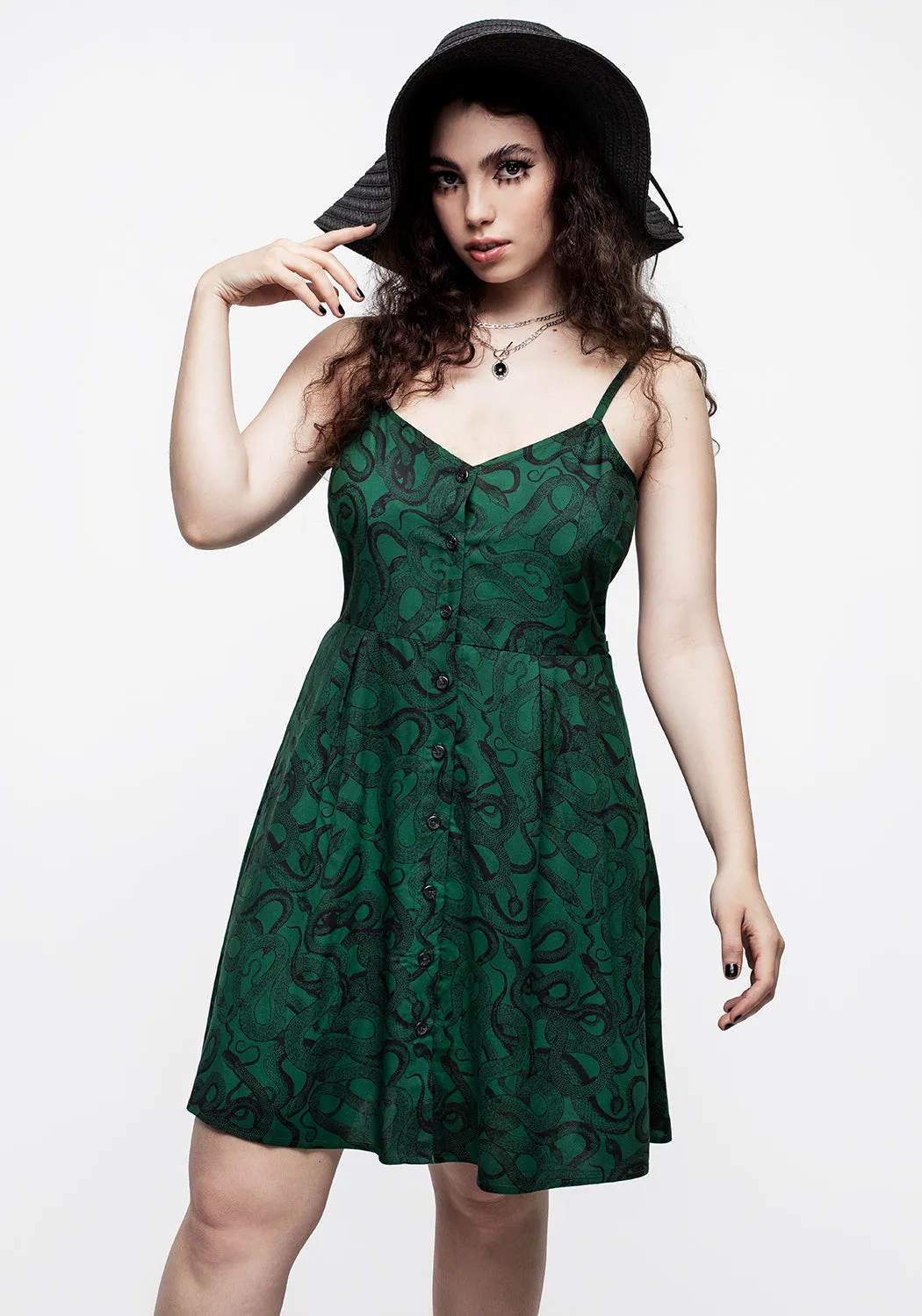 Ophidia Snake Print Button Up Mini Apron Dress - Green Lounge Base
