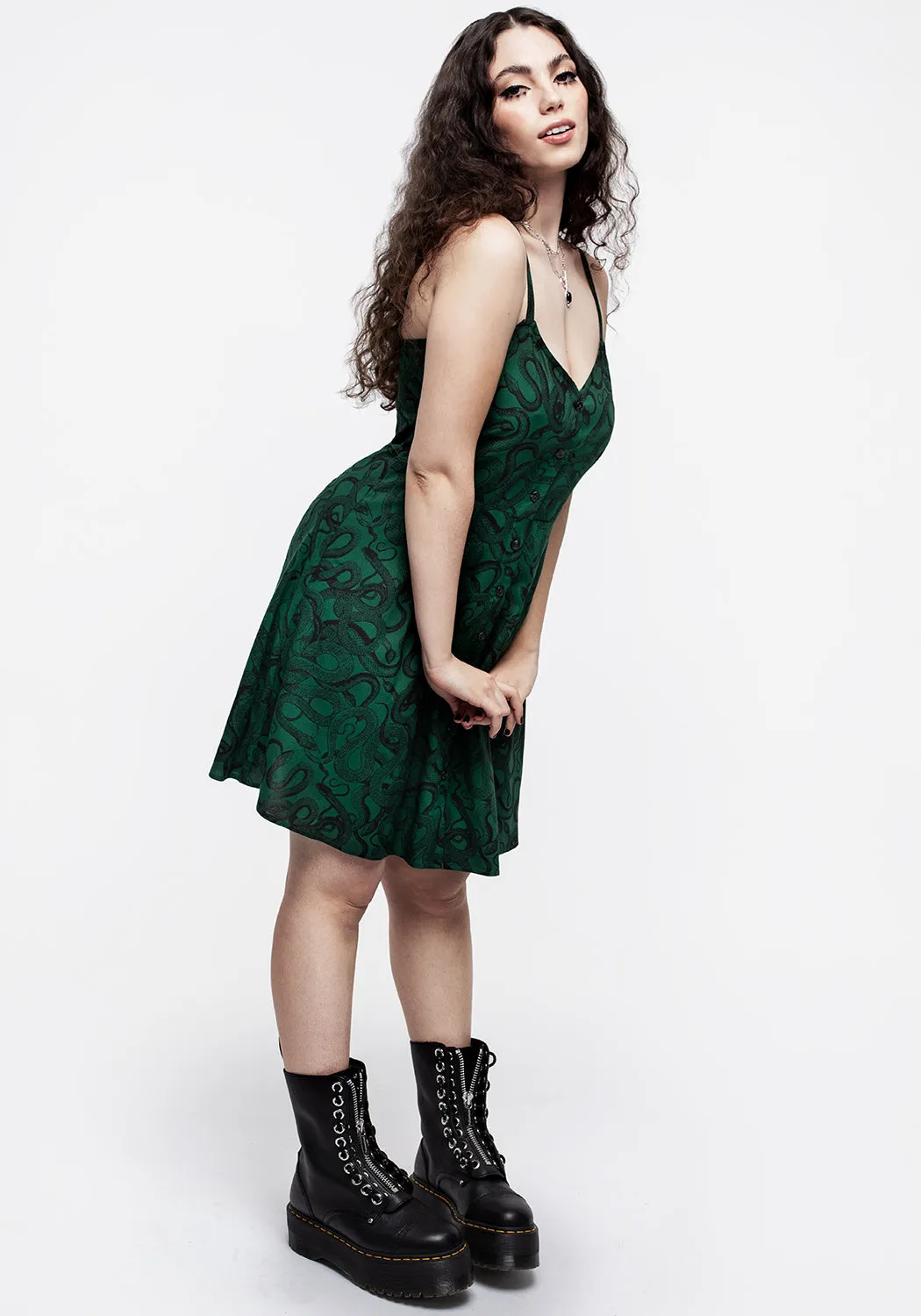 Geometric-pattern Ophidia Snake Print Button Up Mini Apron Dress - Green