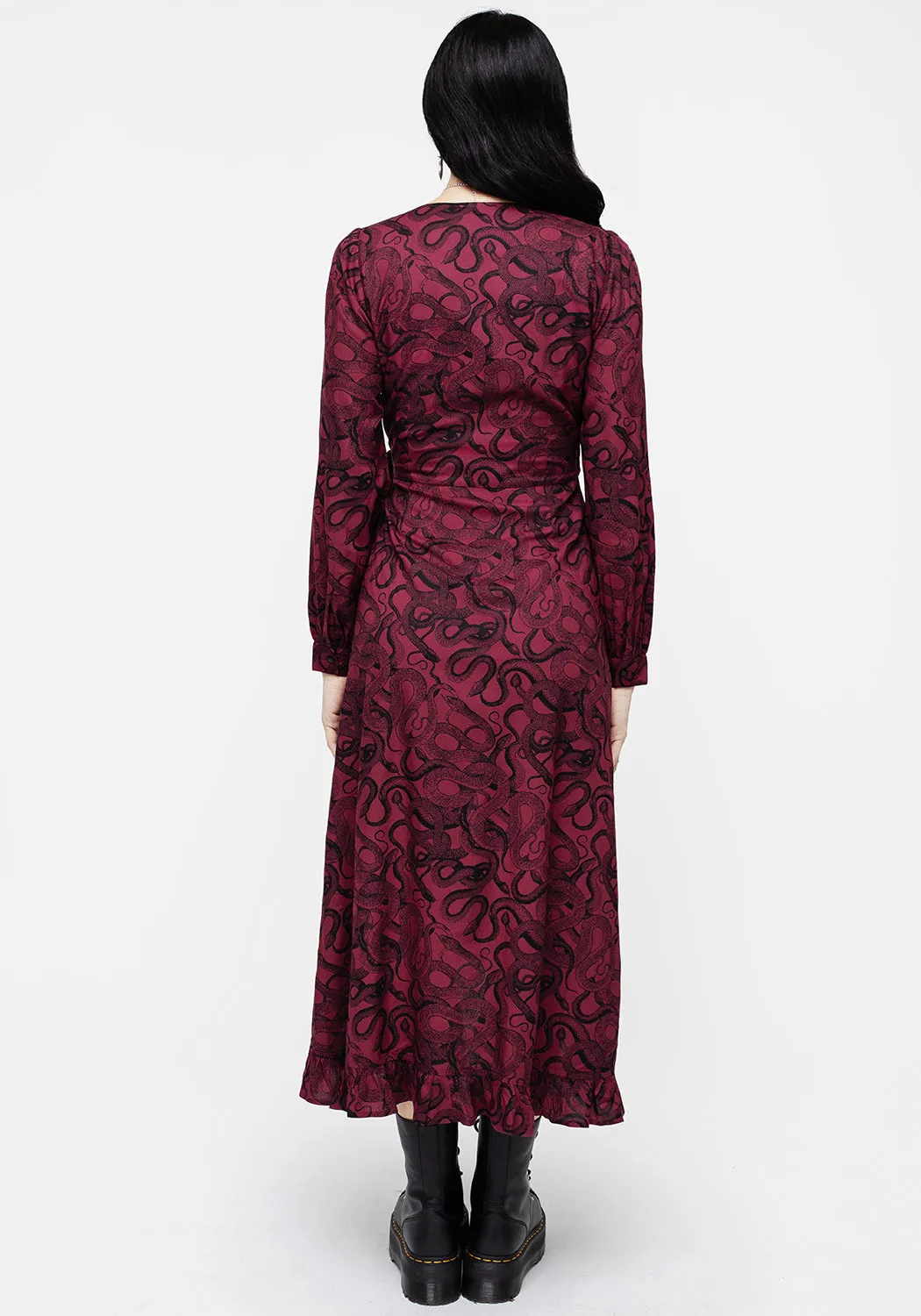 Layered-Sleeve Ophidia Snakes Print Wrap Maxi Dress - Red