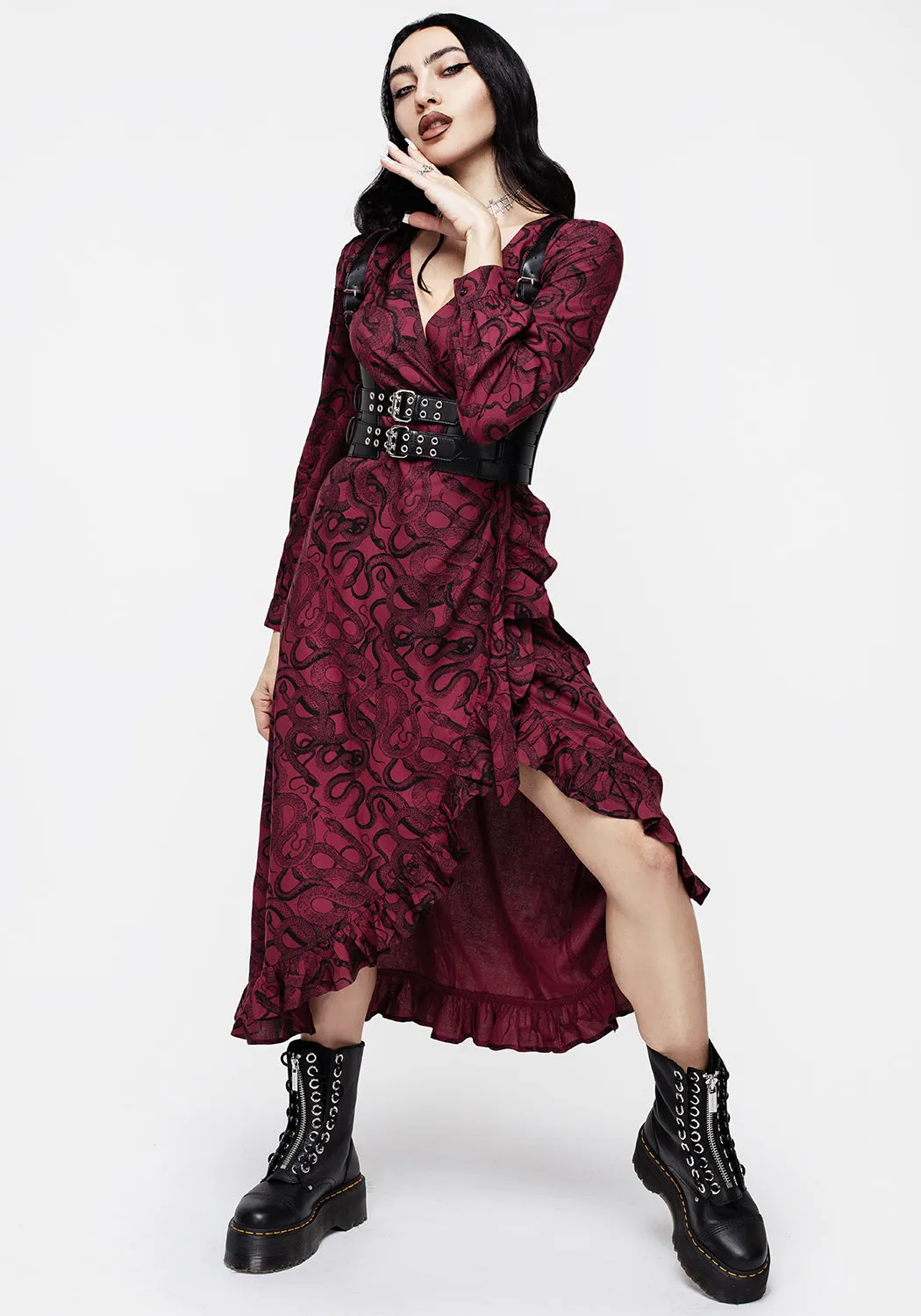 Pretty Glow Buckle-Detail Ophidia Snakes Print Wrap Maxi Dress - Red